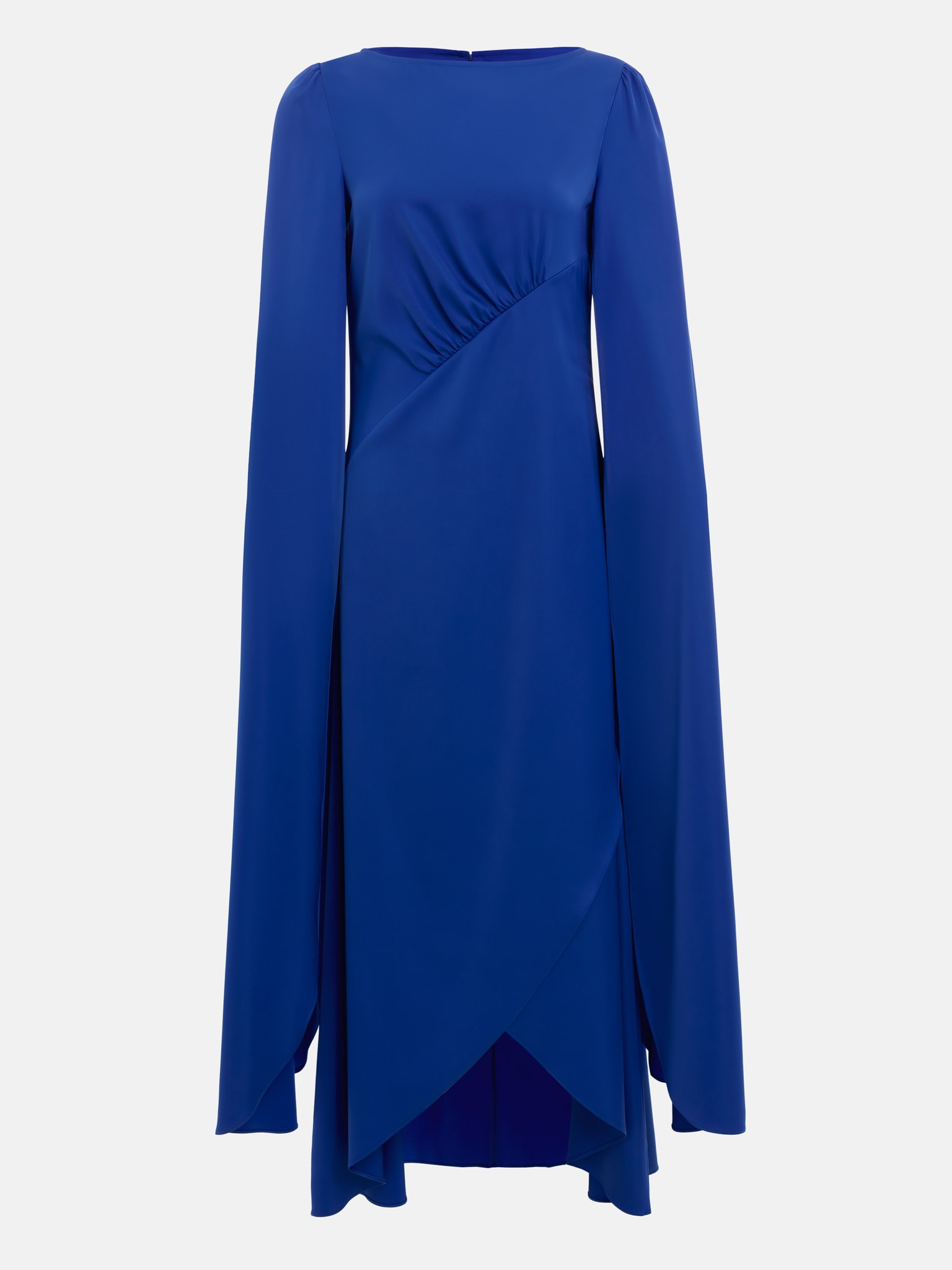 Maxi dress with diagonal gathering at the waist and long sleeves