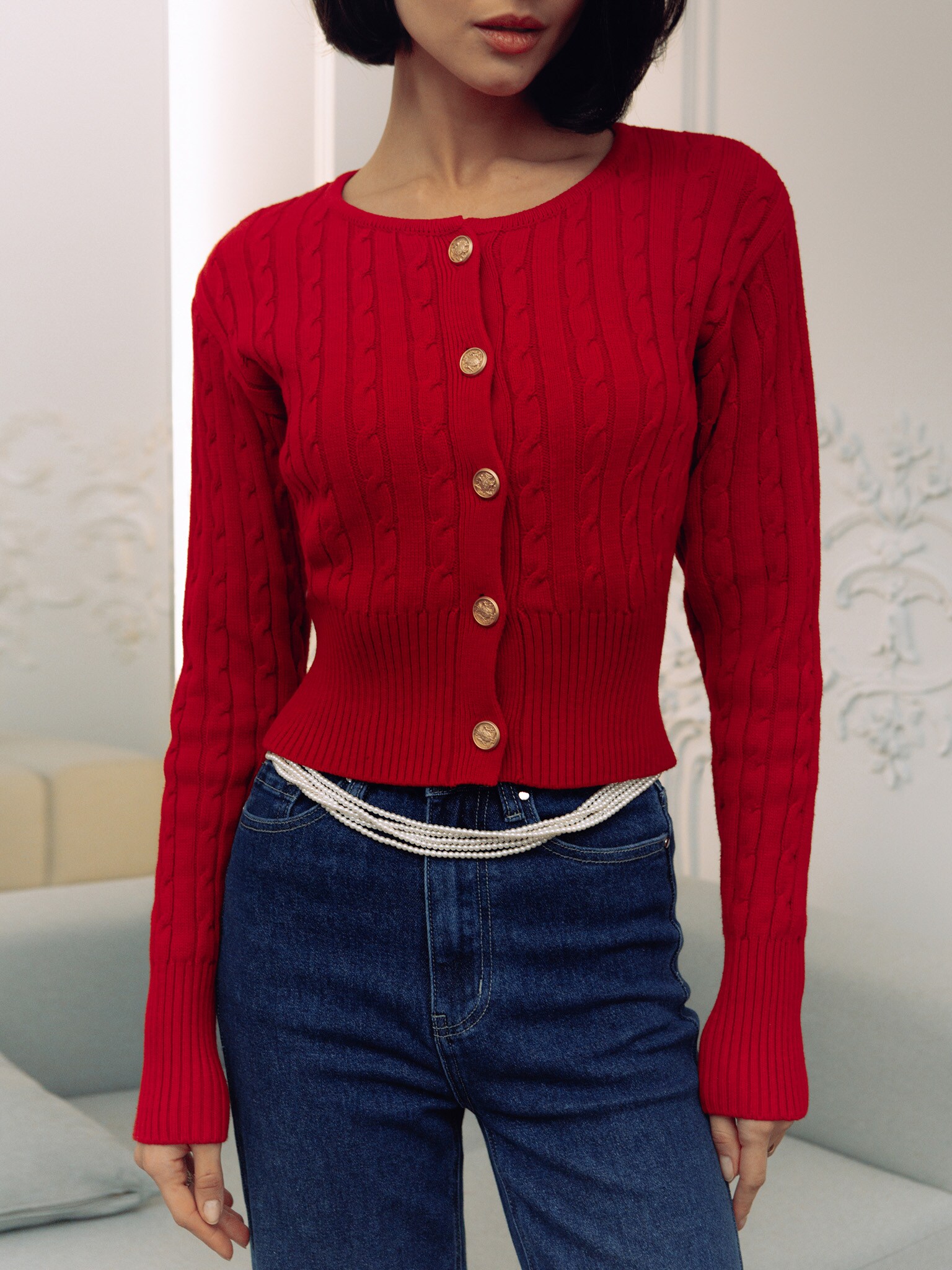 Cropped cable-knit cardigan :: LICHI - Online fashion store