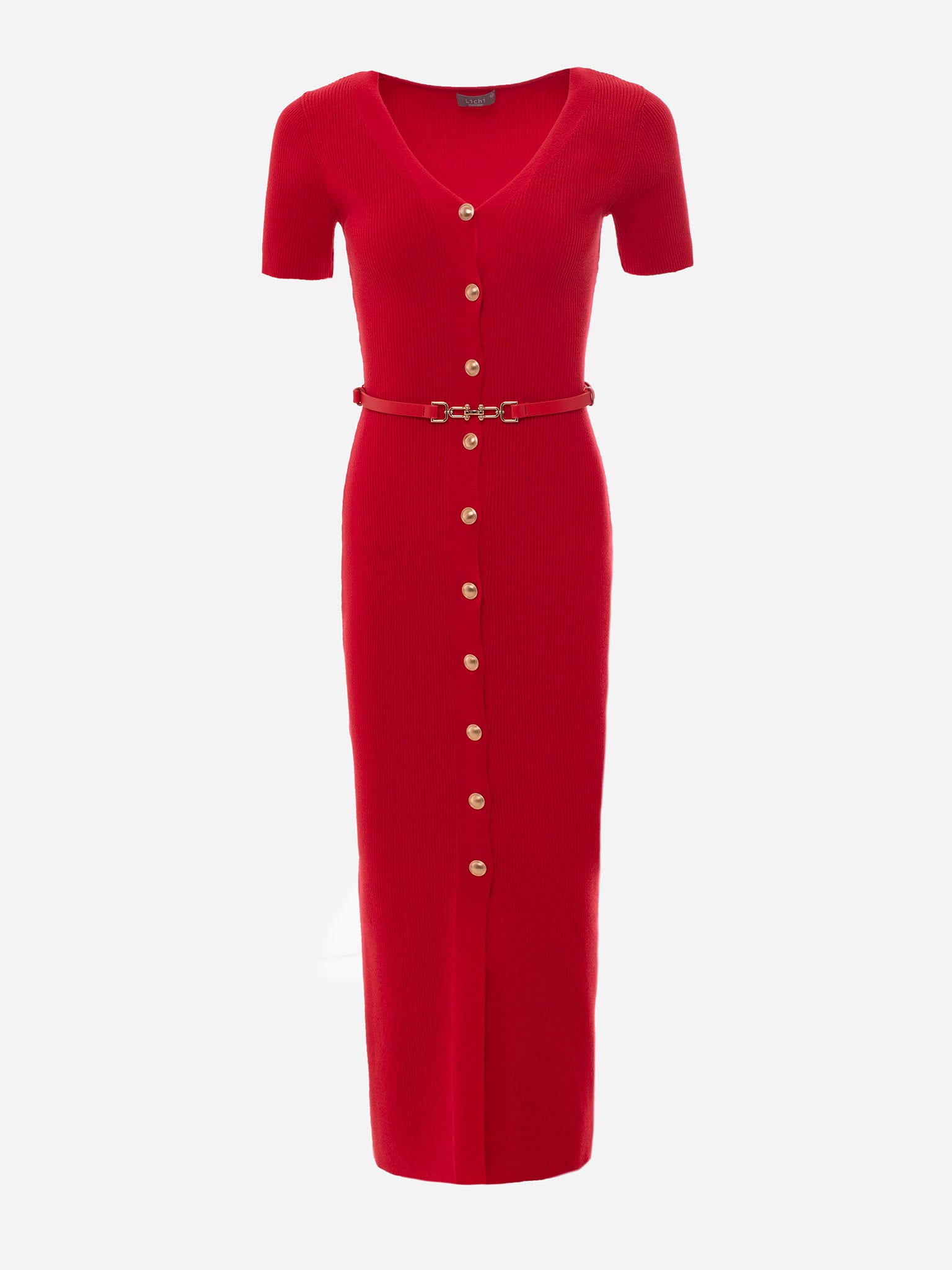 Ribbed knit midi dress with golden fittings