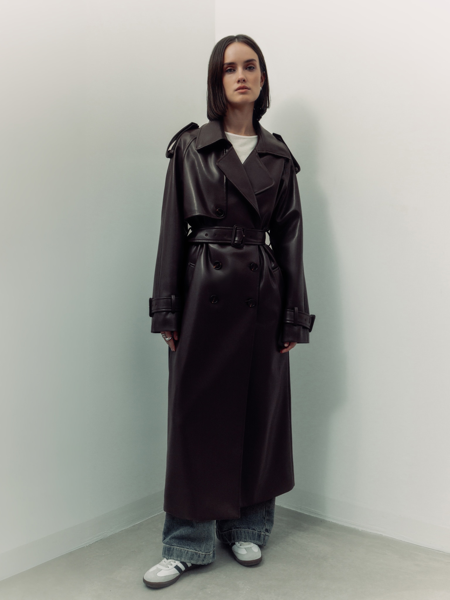 Bulky matte eco-leather midi trench coat :: LICHI - Online fashion store