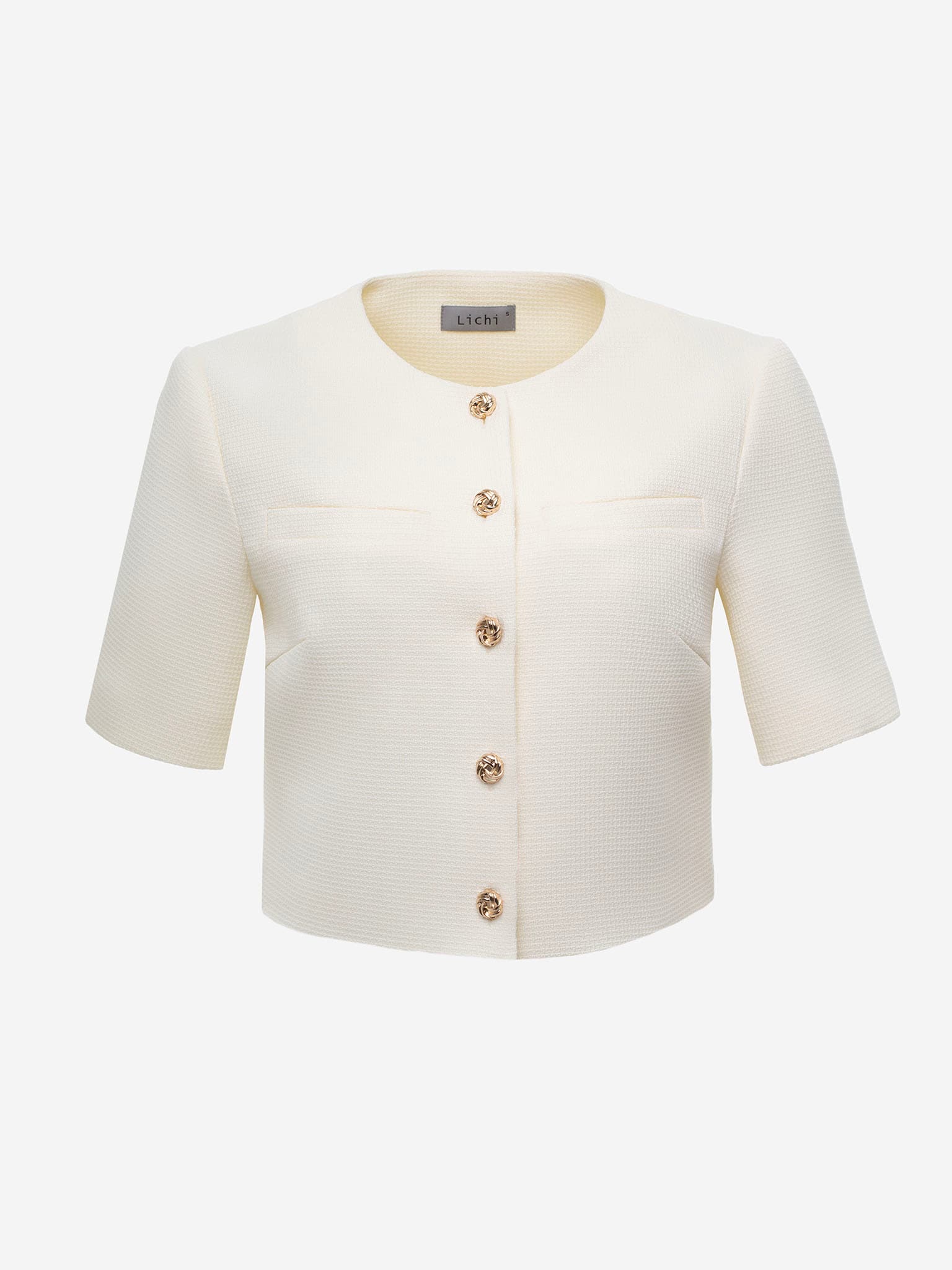 Textured top with short sleeves and button fastening