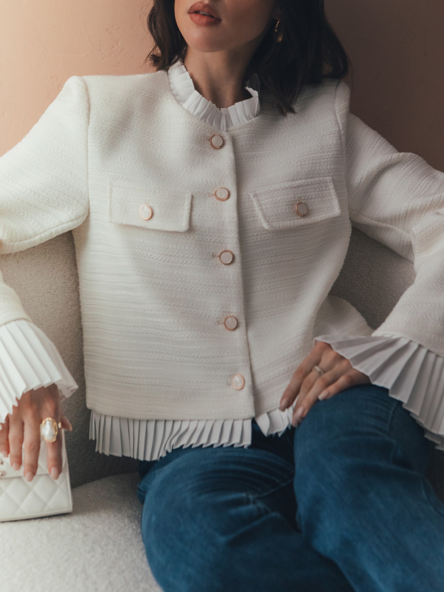 Straight tweed jacket with pleated details