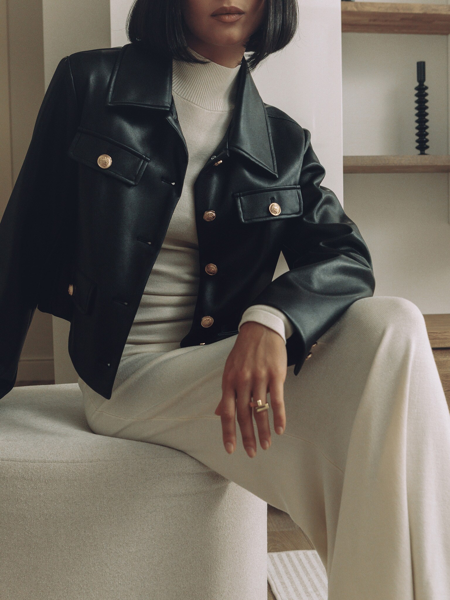 Single-breasted eco-leather jacket with golden fittings :: LICHI Online fashion store