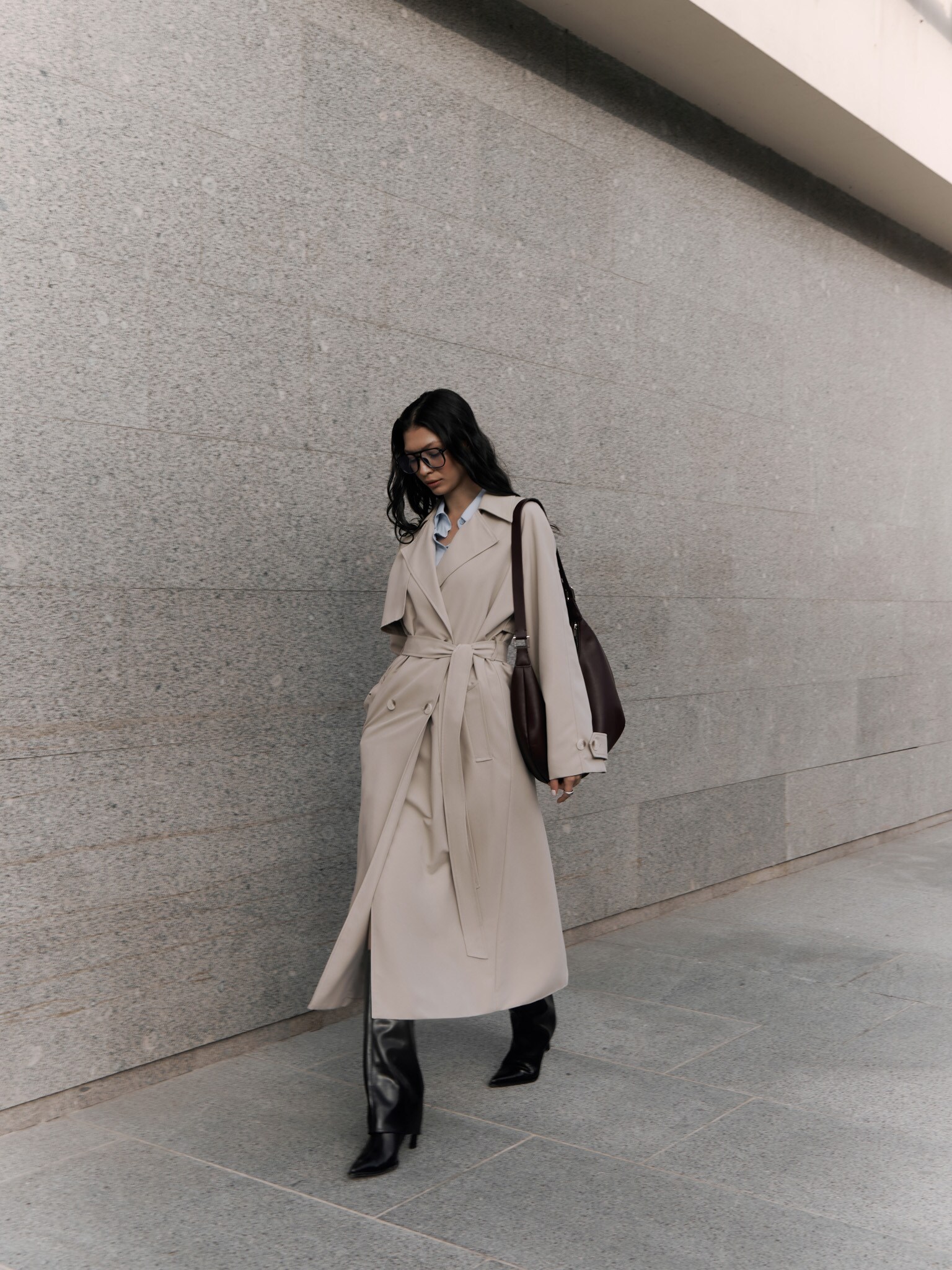 Double-breasted maxi trench coat with matching belt