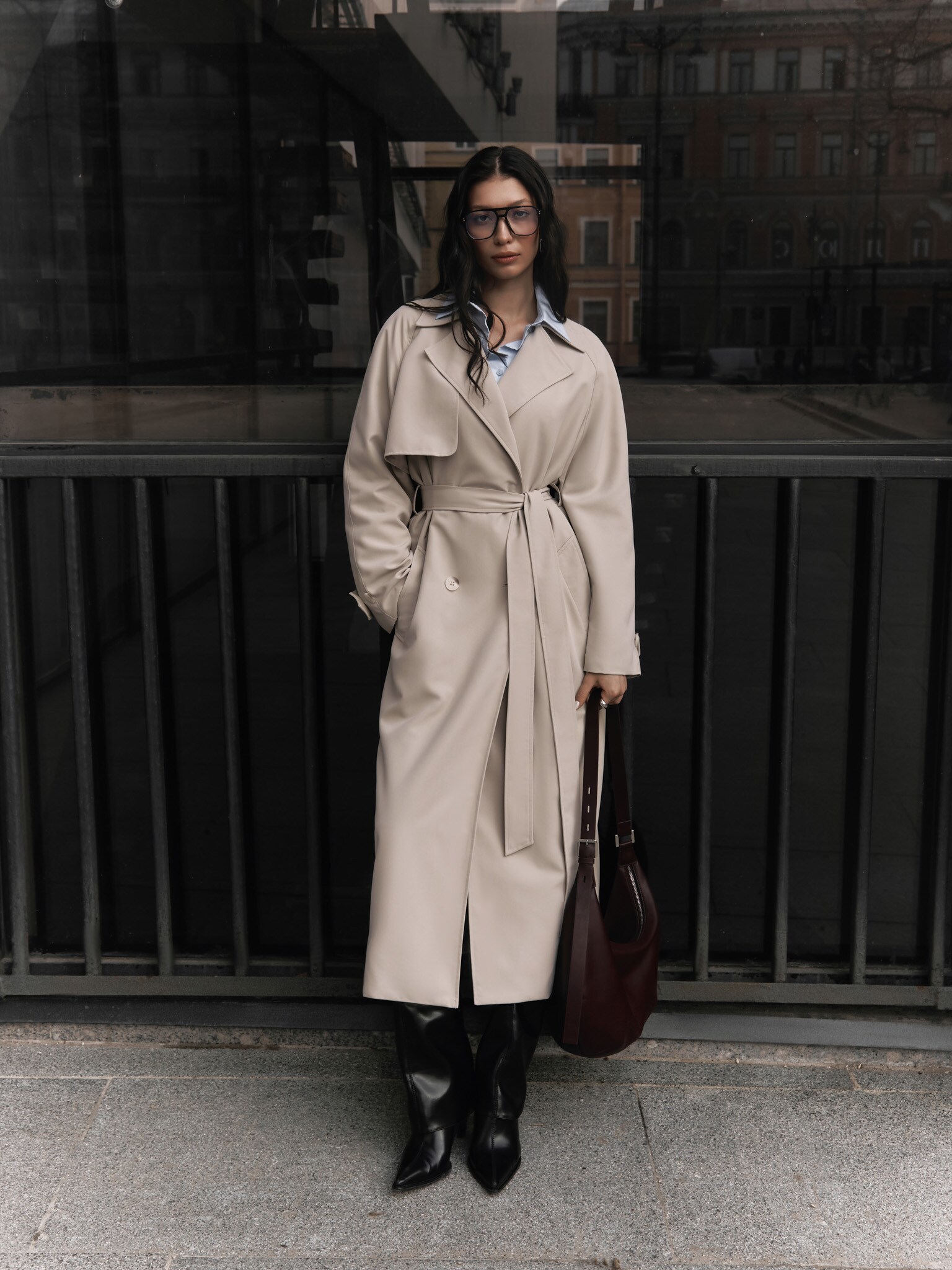 Double-breasted maxi trench coat with matching belt