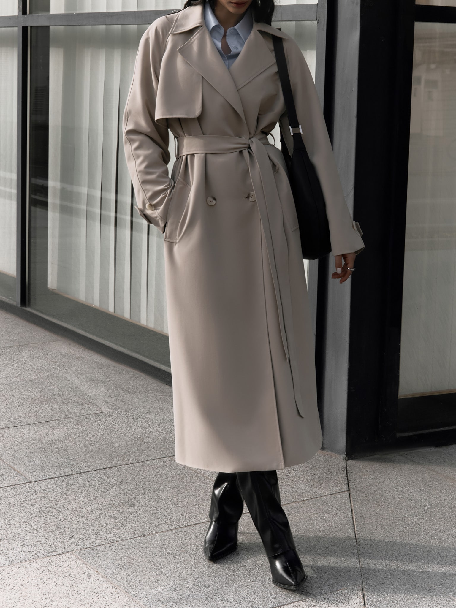 Double-breasted maxi trench coat with matching belt