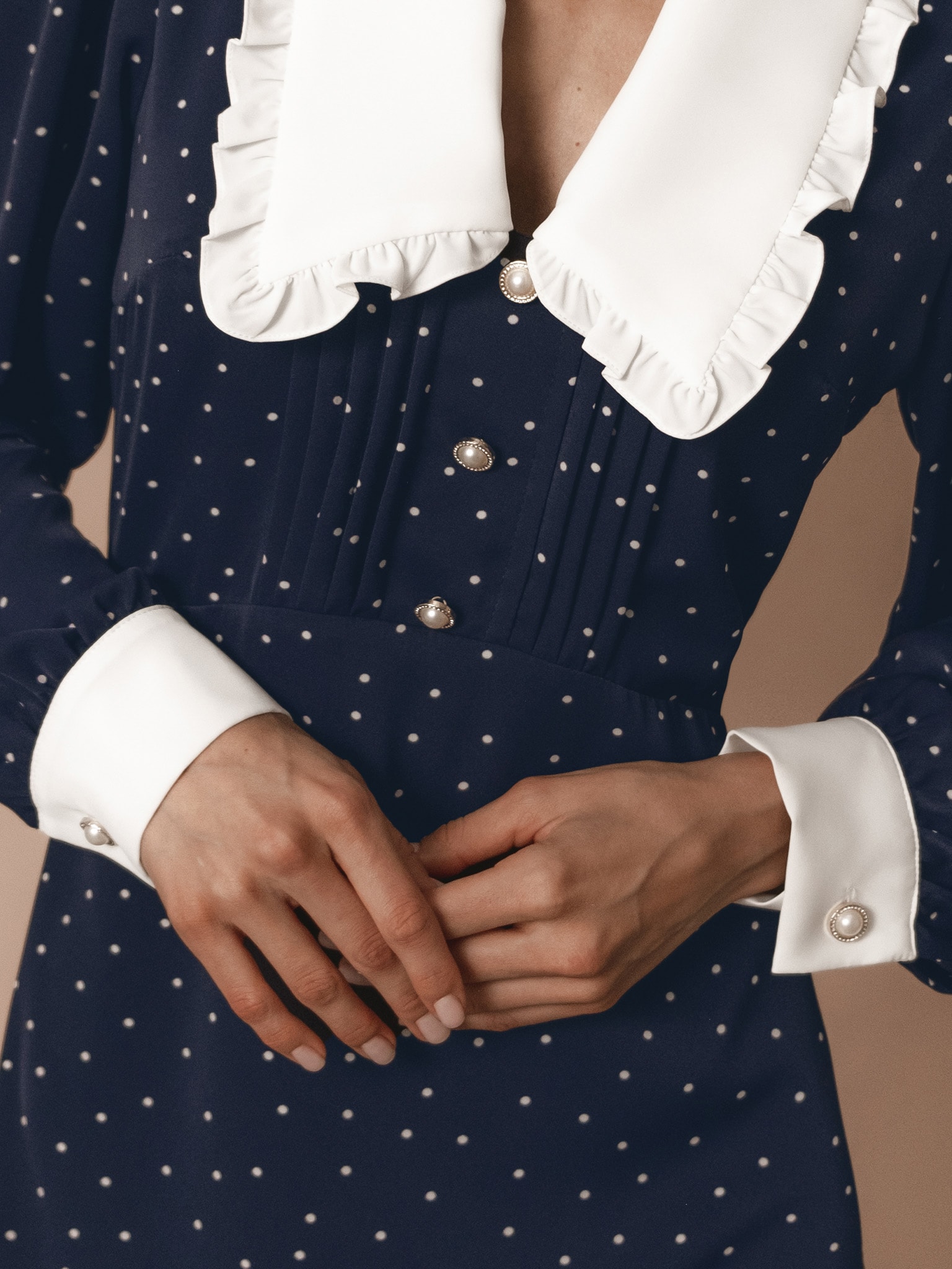 Polka dot midi dress with bright collar and cuffs :: LICHI