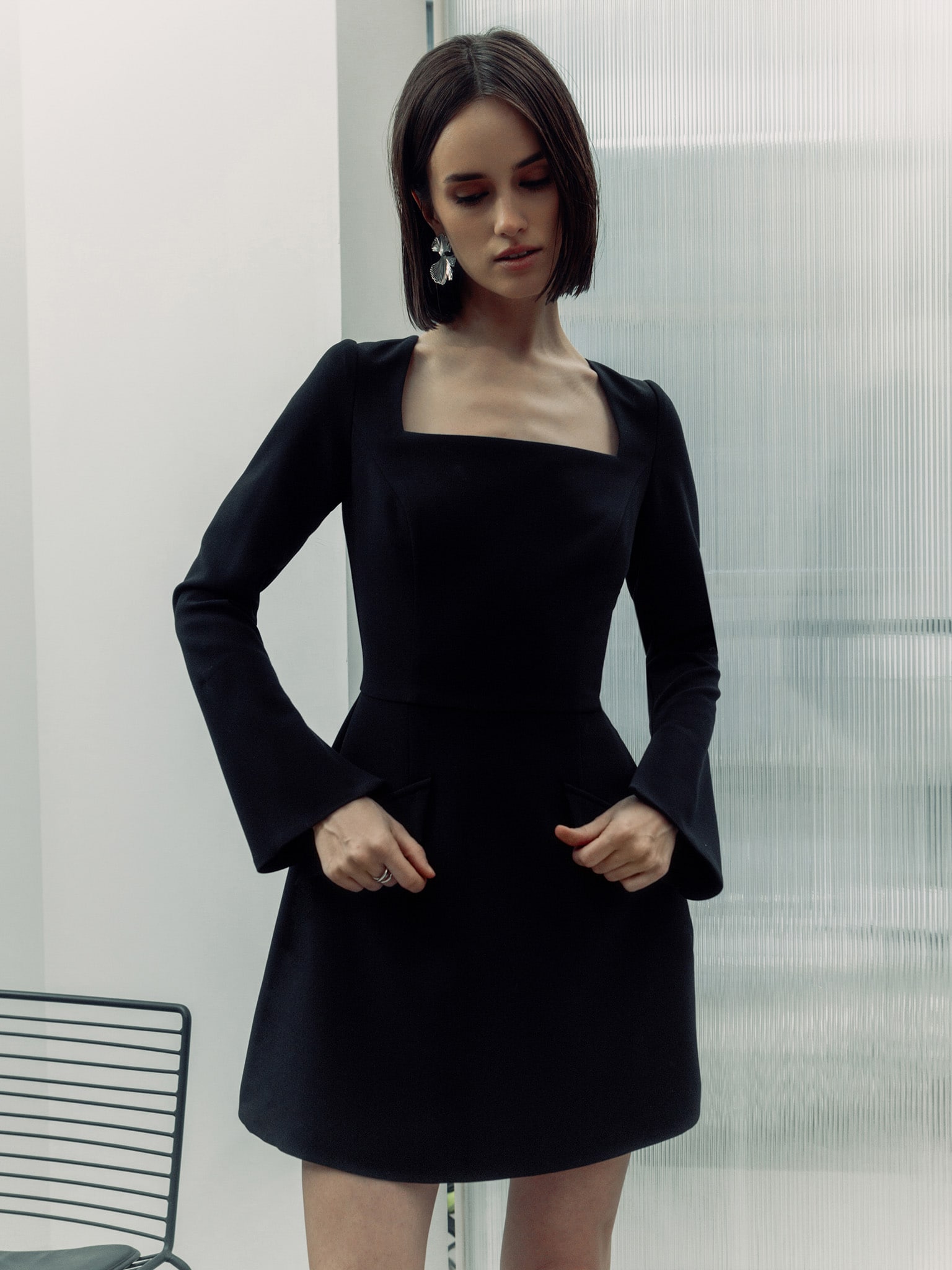 Mini dress with square neckline and A-silhouette skirt