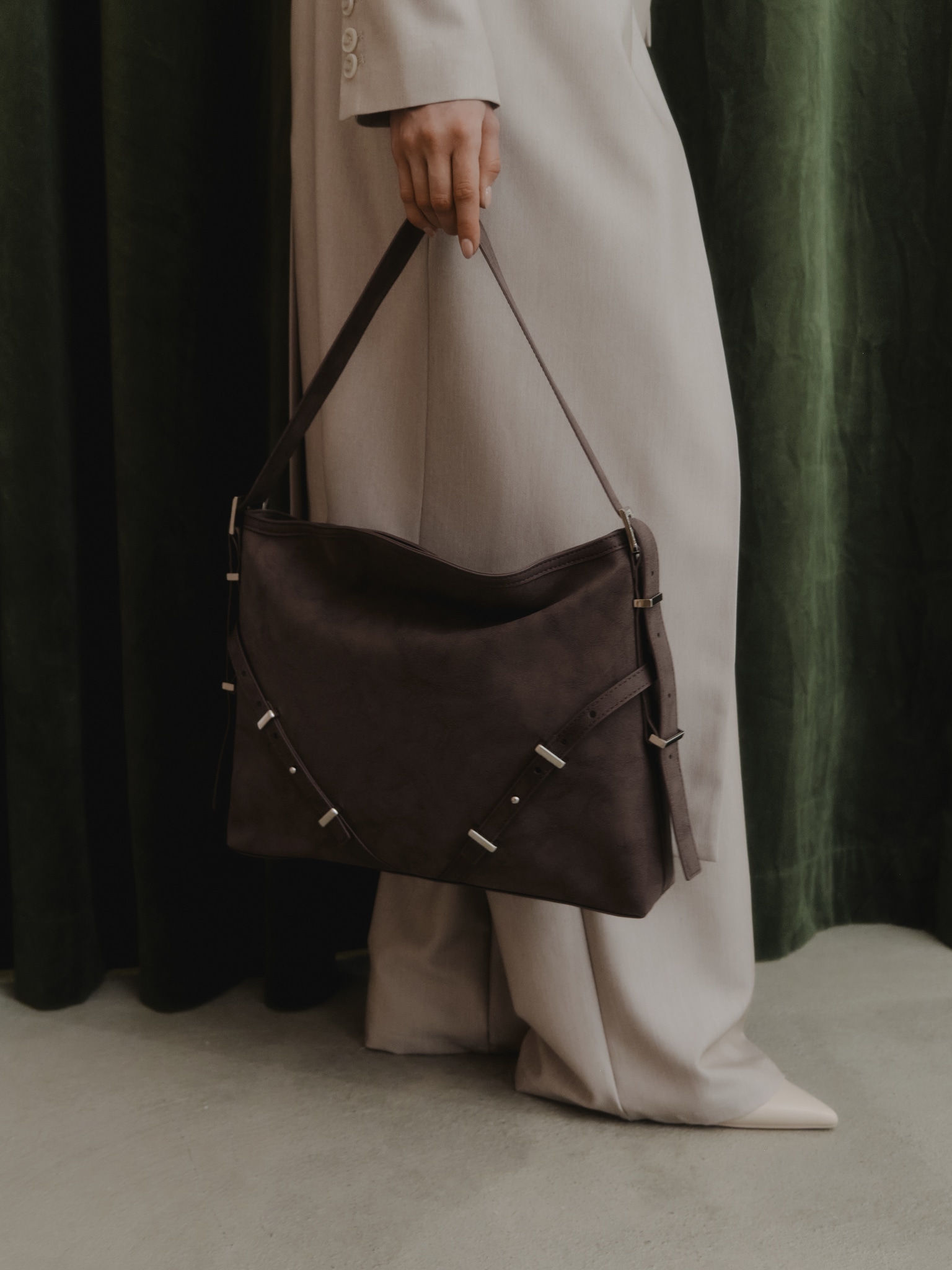 Rectangular eco-leather bag with metal decor