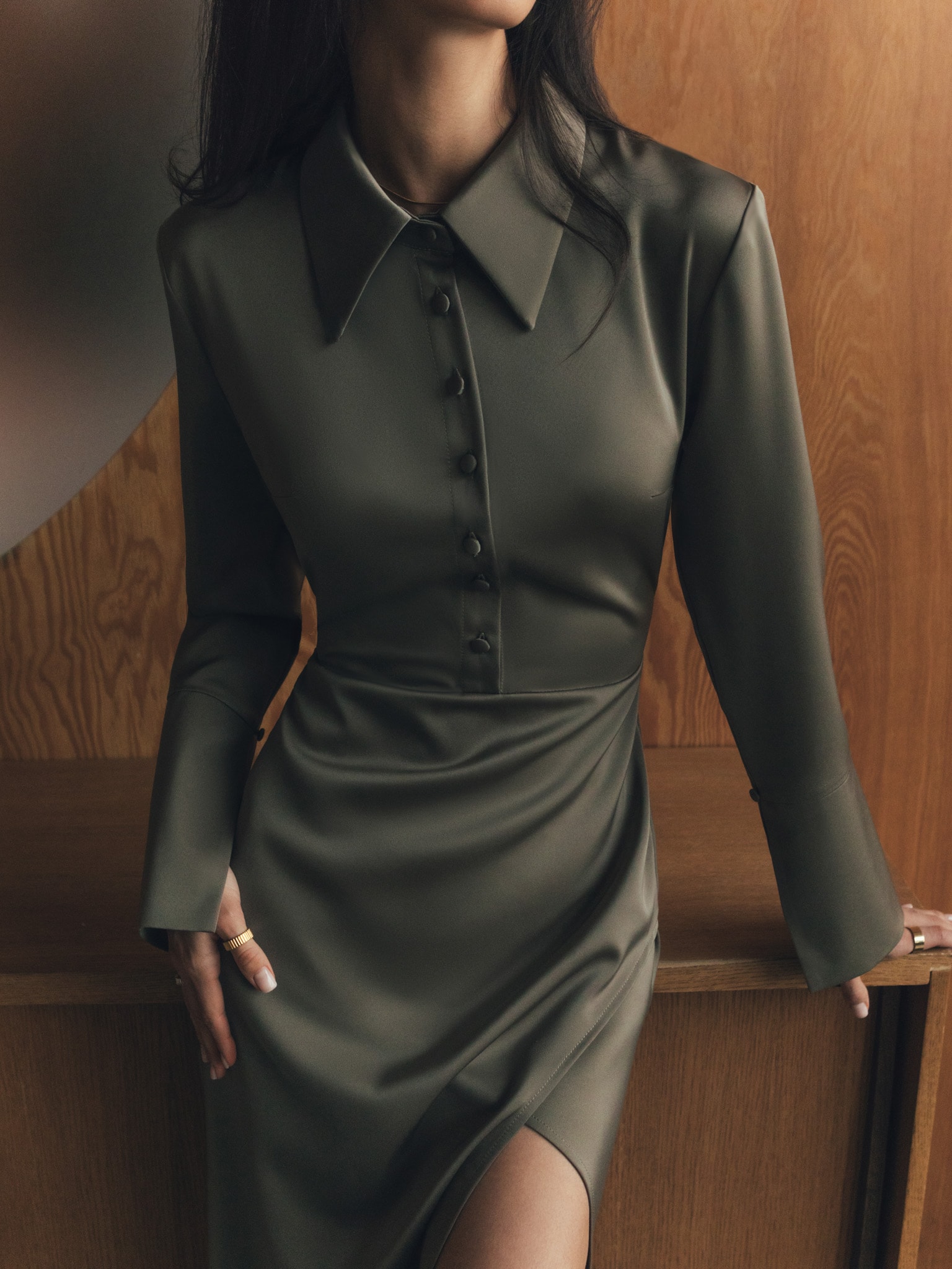 Satin midi dress with button fastening