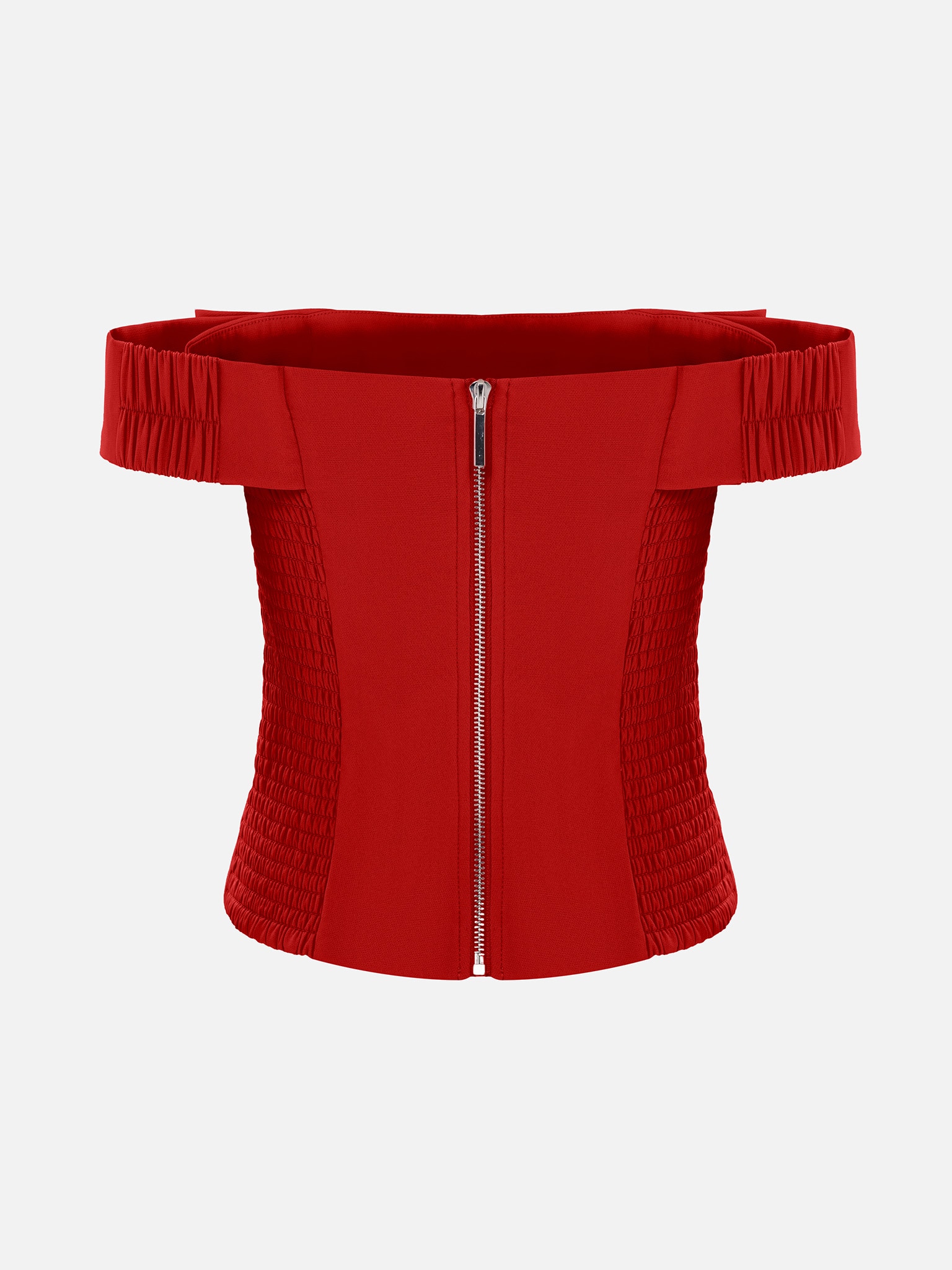 Корсетный топ с открытыми плечами и бантом спереди