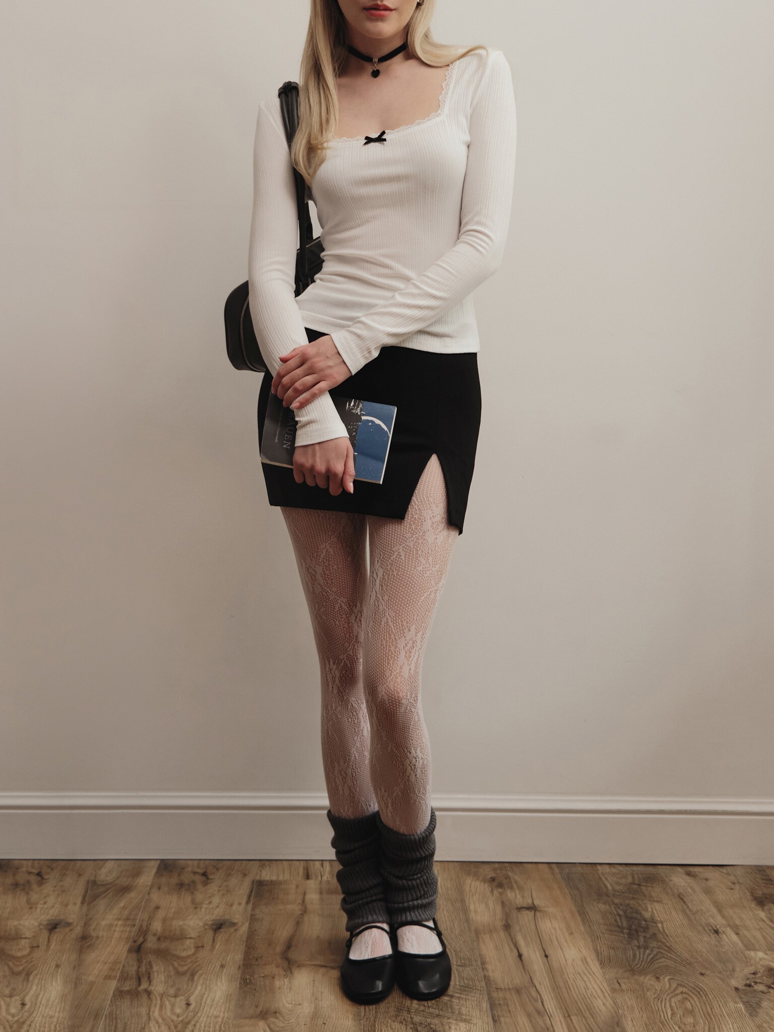 Textured jersey top with openwork and bow detailing :: LICHI