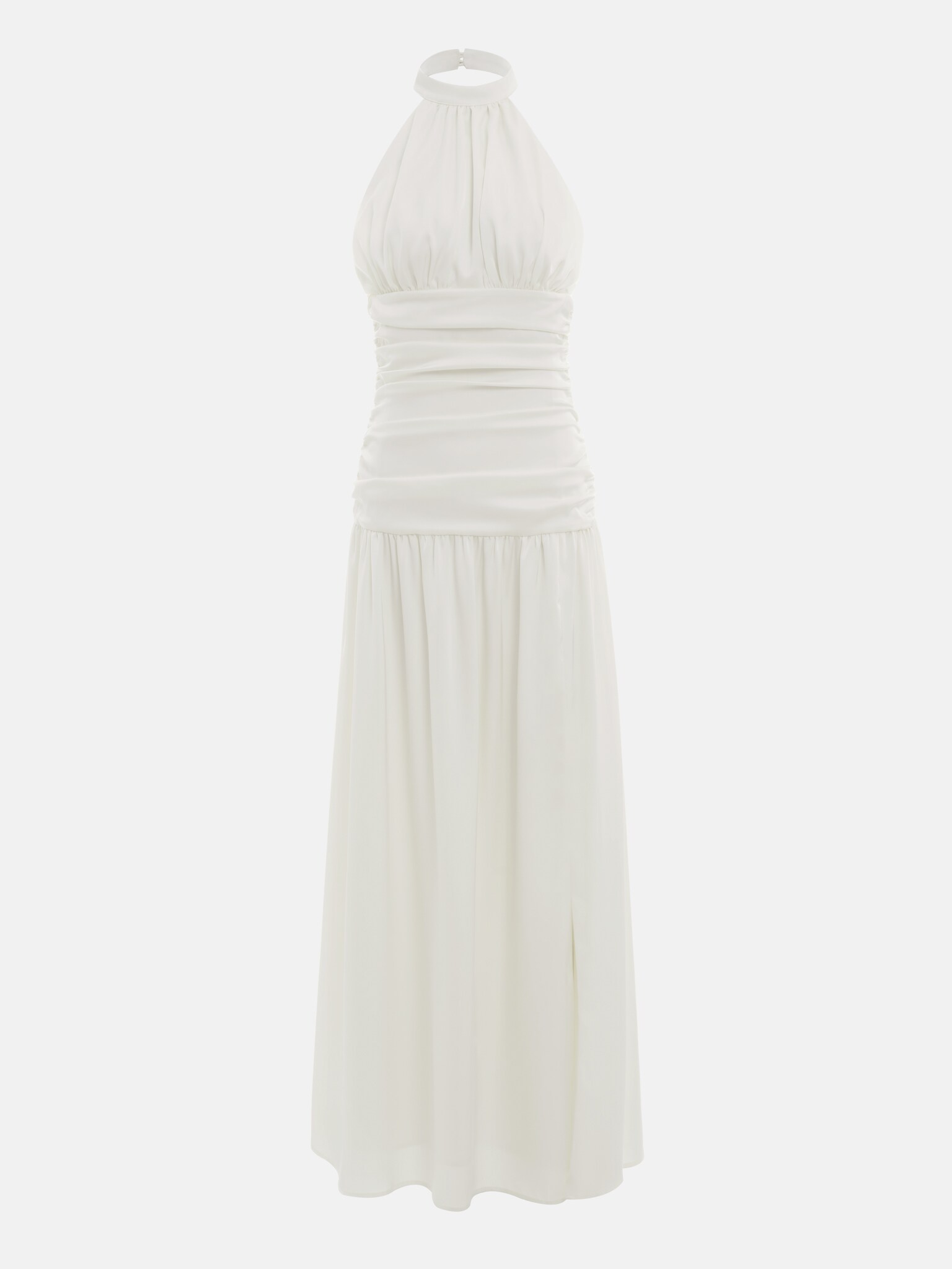 Satin maxi dress with halter collar and draped bodice