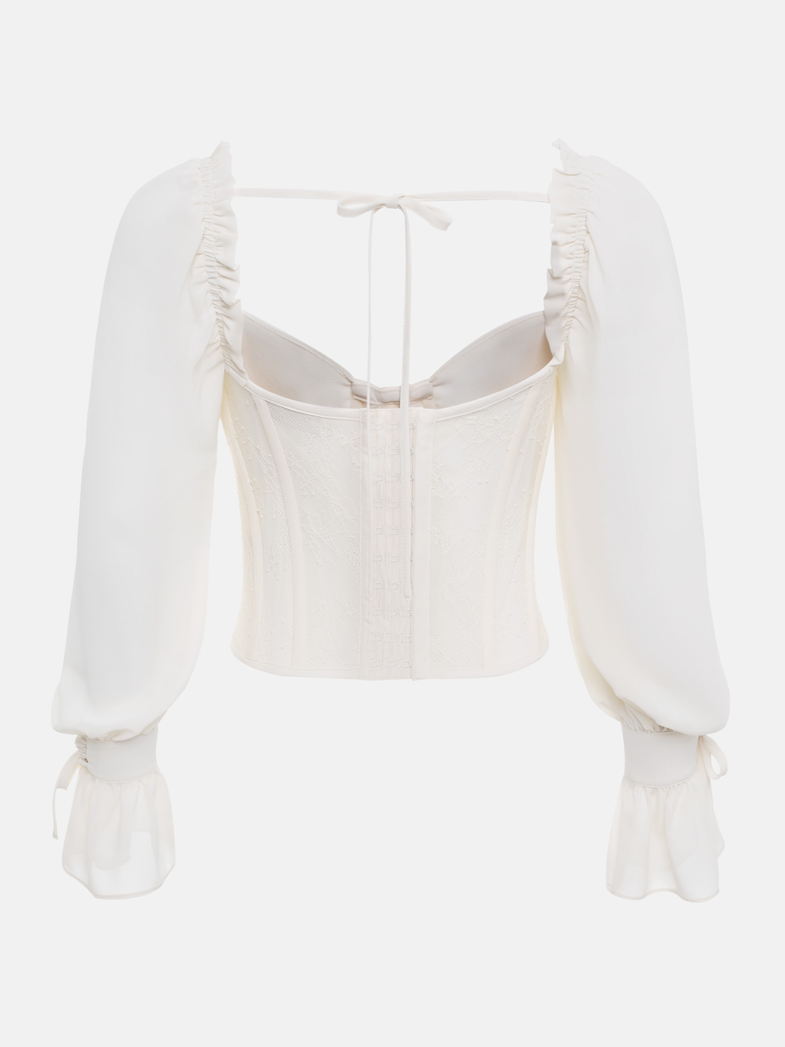 Corset blouse with lace waistband and tie-up cuffs