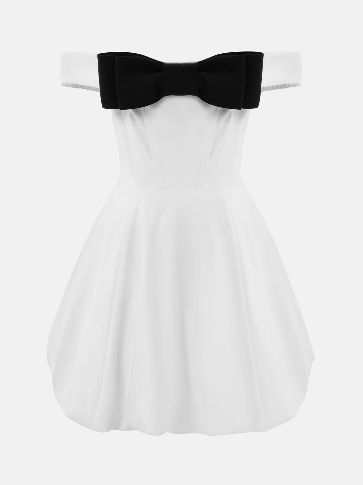 Платье мини с открытыми плечами и бантом на лифе