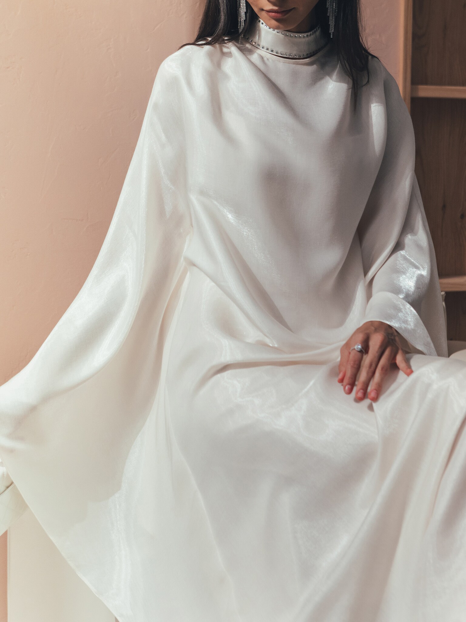 Loose maxi dress with rhinestones on collar