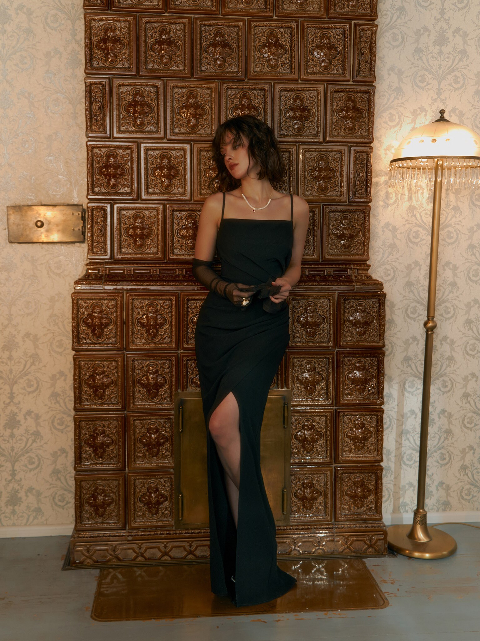 Fitted maxi dress with straps and asymmetrical gathers