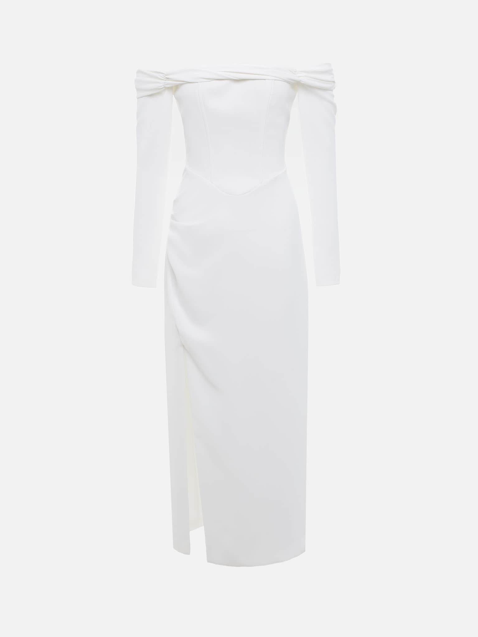 Midi dress with open shoulders and slits on the sleeves