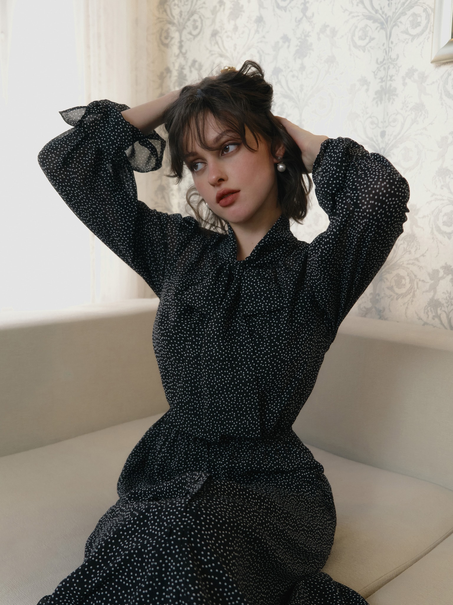 Lightweight polka dot midi dress with collar bow