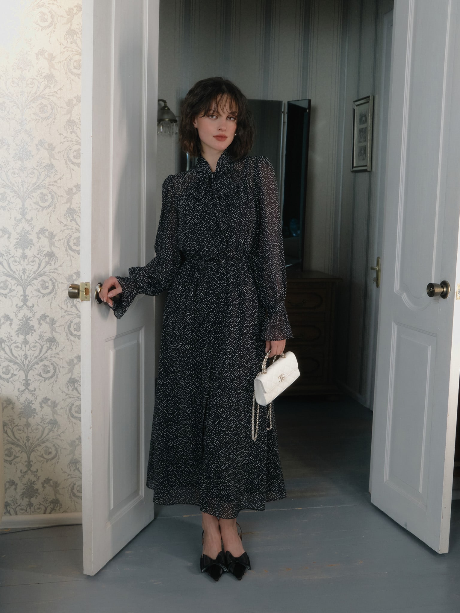 Lightweight polka dot midi dress with collar bow