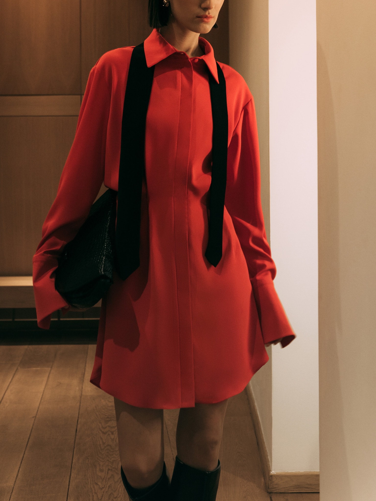 Fitted shirt dress with a tie