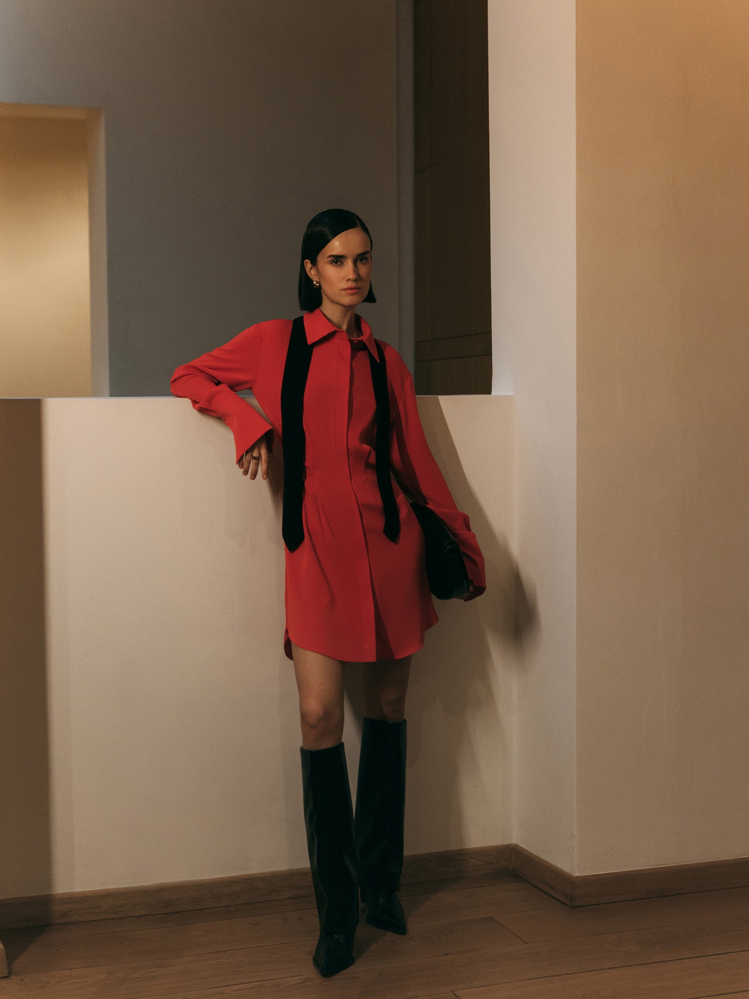 Fitted shirt dress with a tie