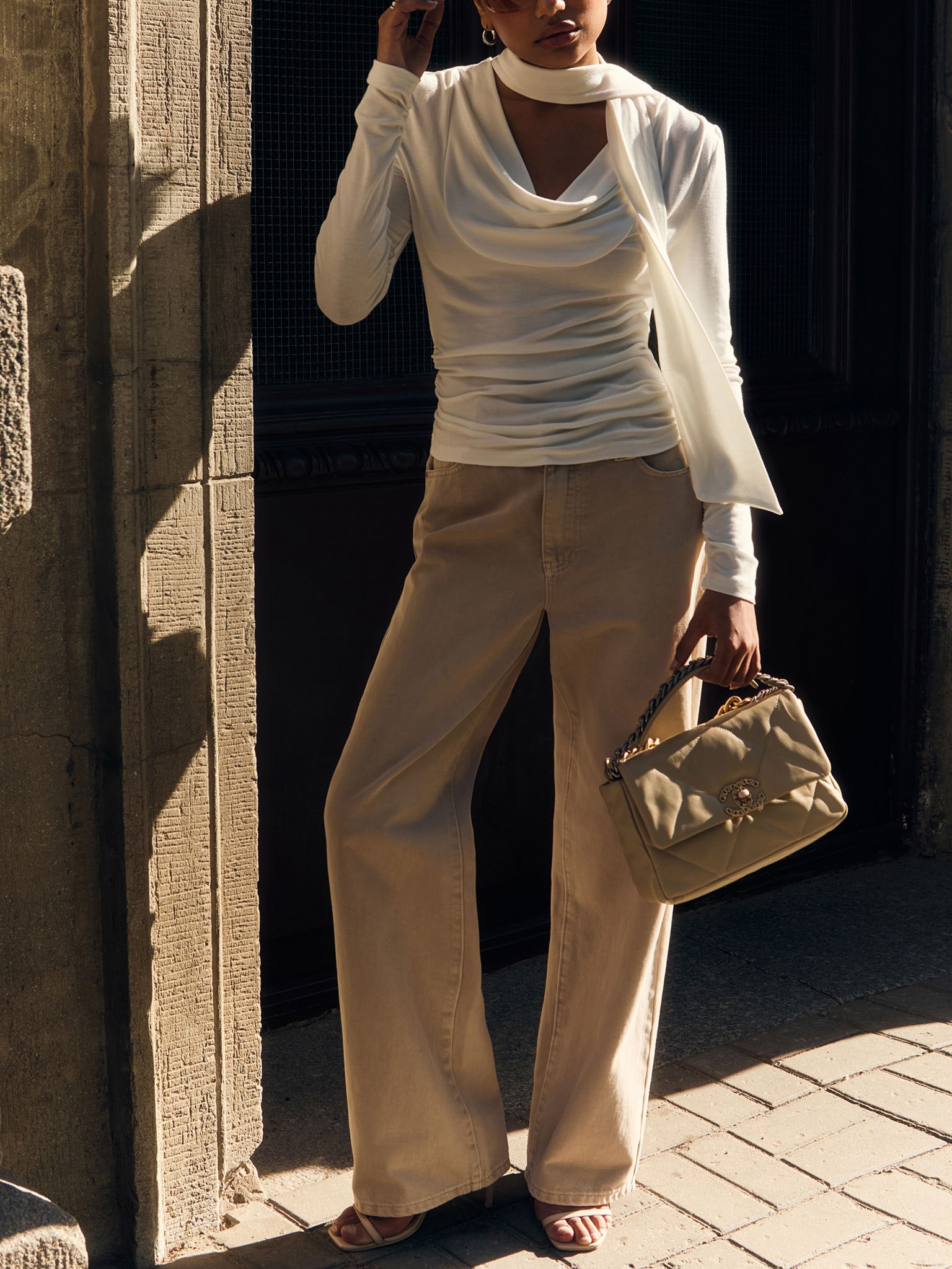 Jersey top with draped neckline and ribbon scarf