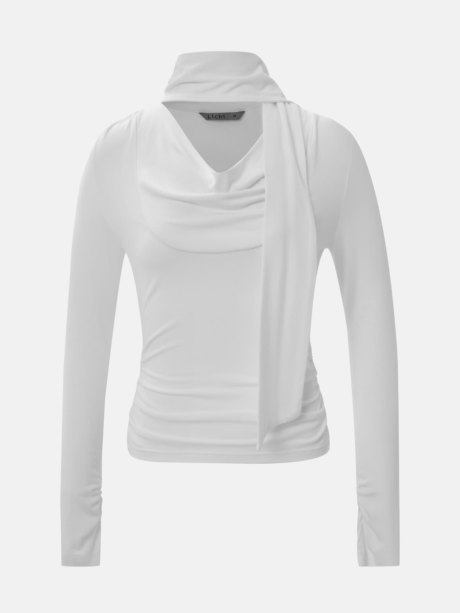 Jersey top with draped neckline and ribbon scarf