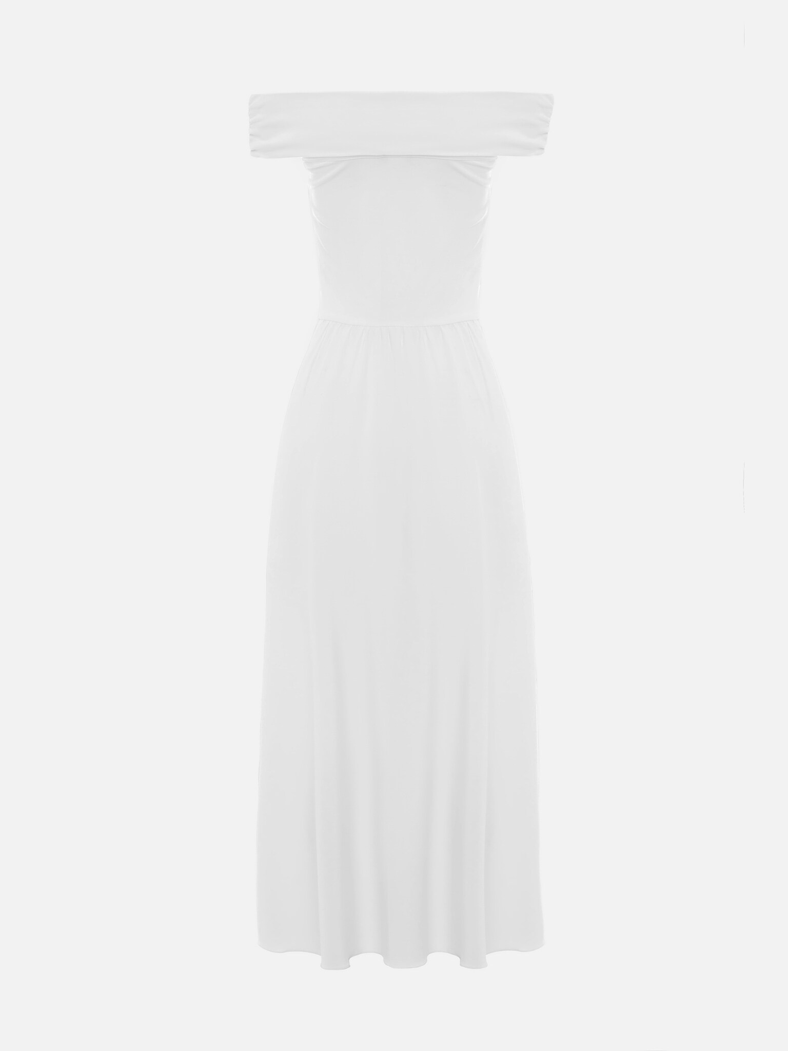 Maxi dress with open shoulders and waist pleats