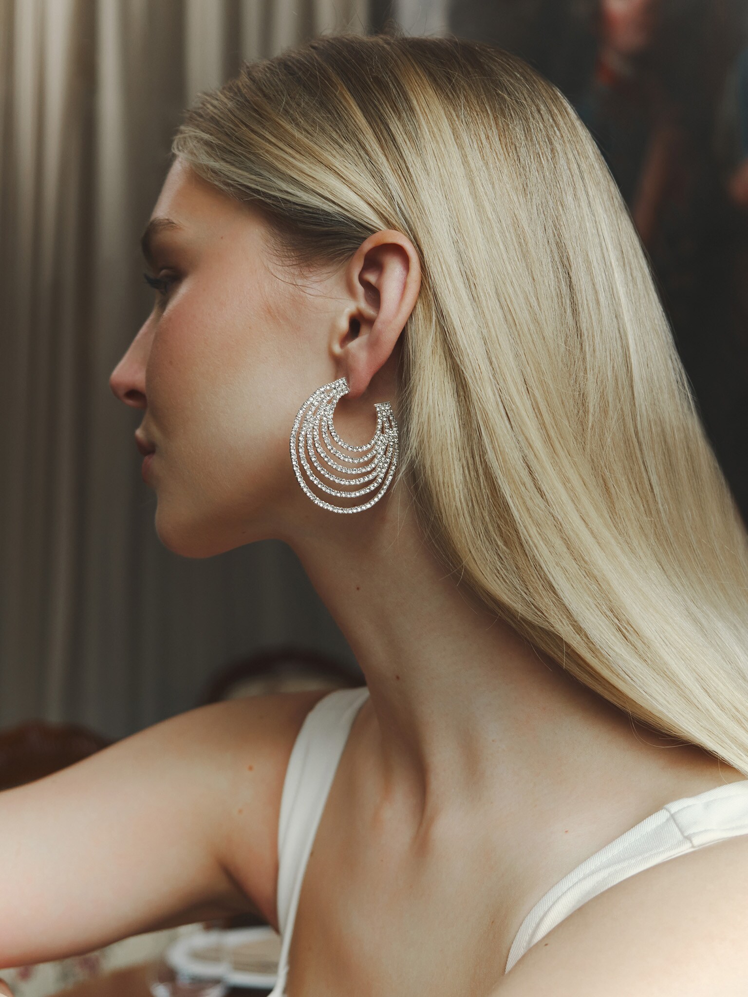 thumbnail image 2 of Trendy Rhinestone Round Crystal Hoop Earrings - Gold/Silver Bling Diamante Party Jewelry 2 of 2