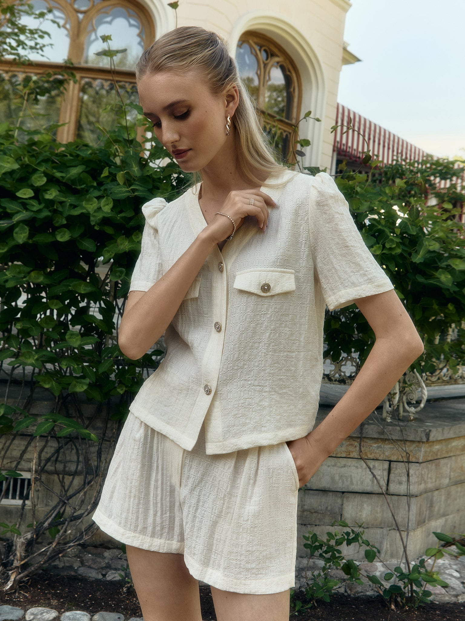 Short-sleeved blouse in textured fabric