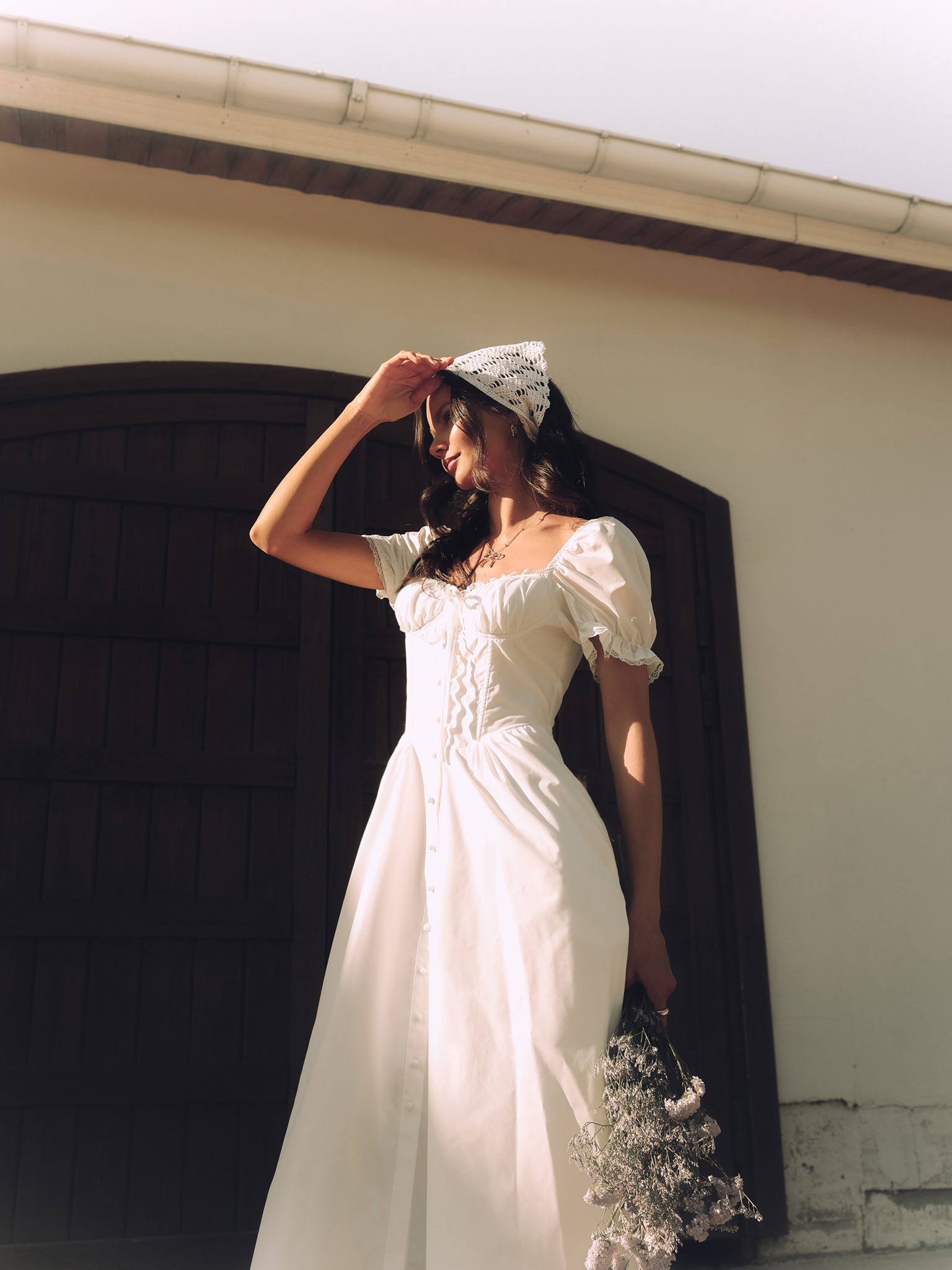 Midi dress with ties and lace on bodice