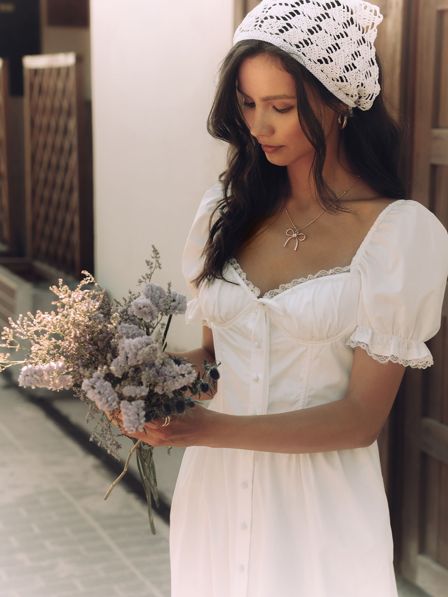 Midi dress with ties and lace on bodice