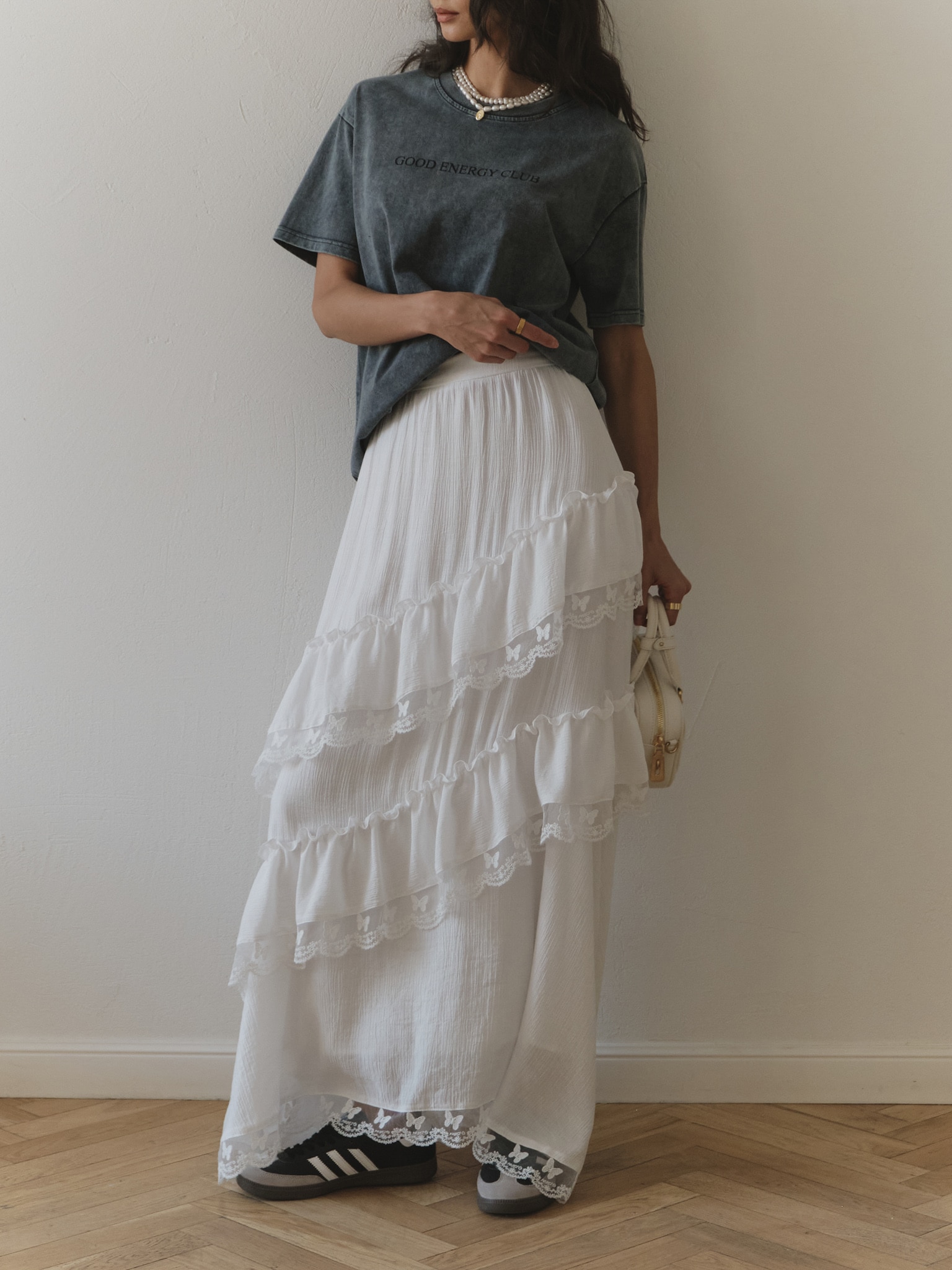 Layered maxi skirt with lace ruffles