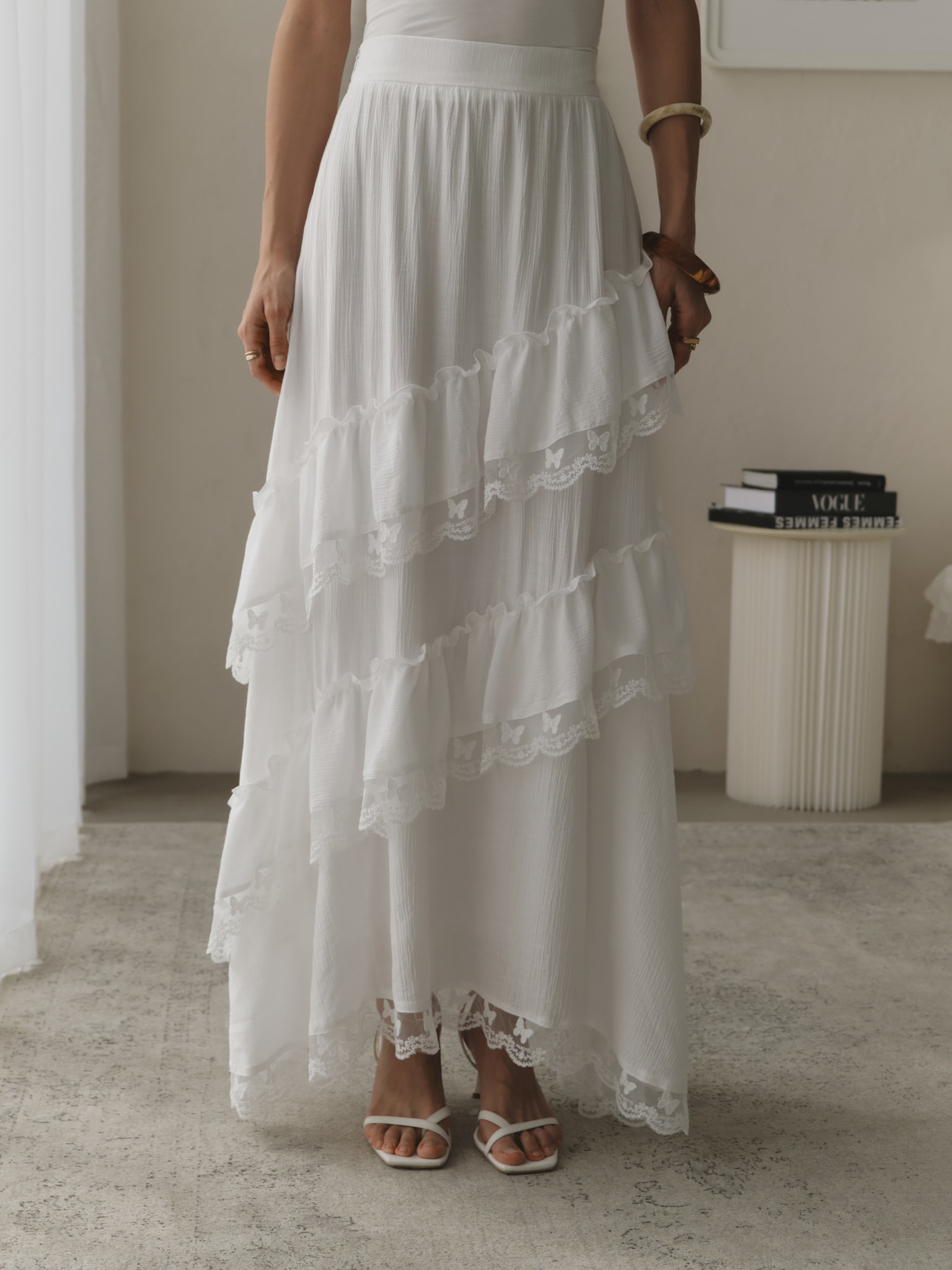 Layered maxi skirt with lace ruffles
