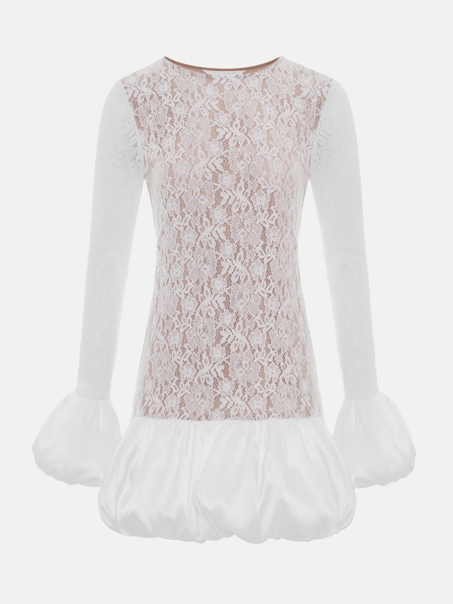 Lace mini dress with voluminous cuffs and balloon skirt