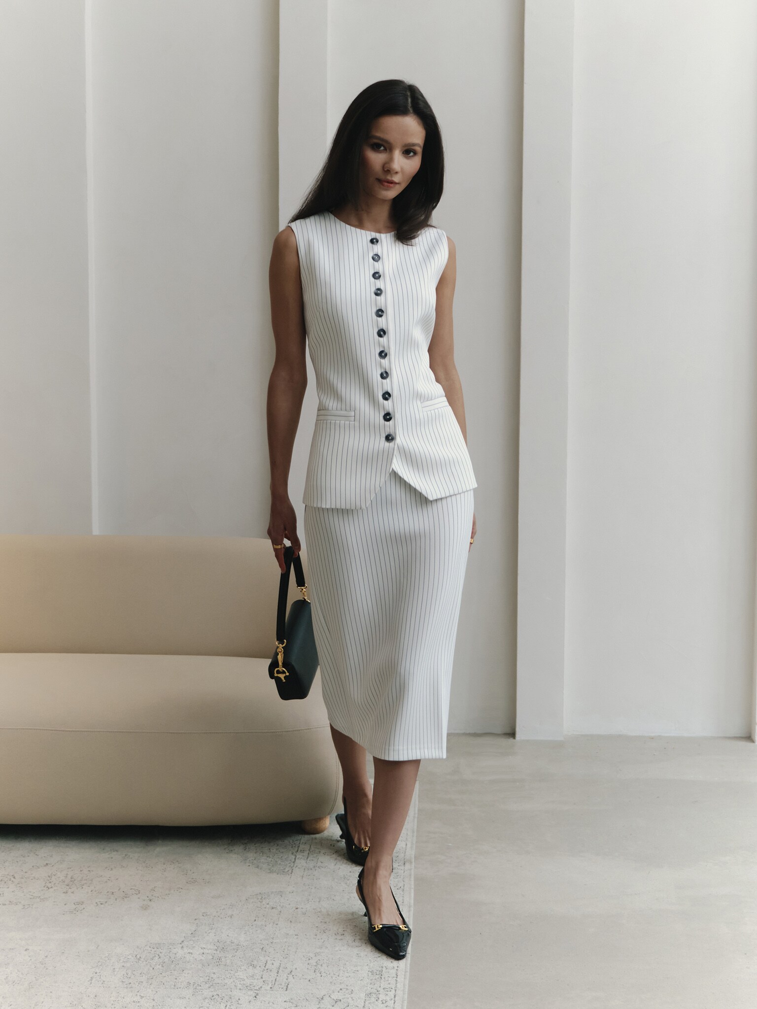 Striped midi skirt with high slit