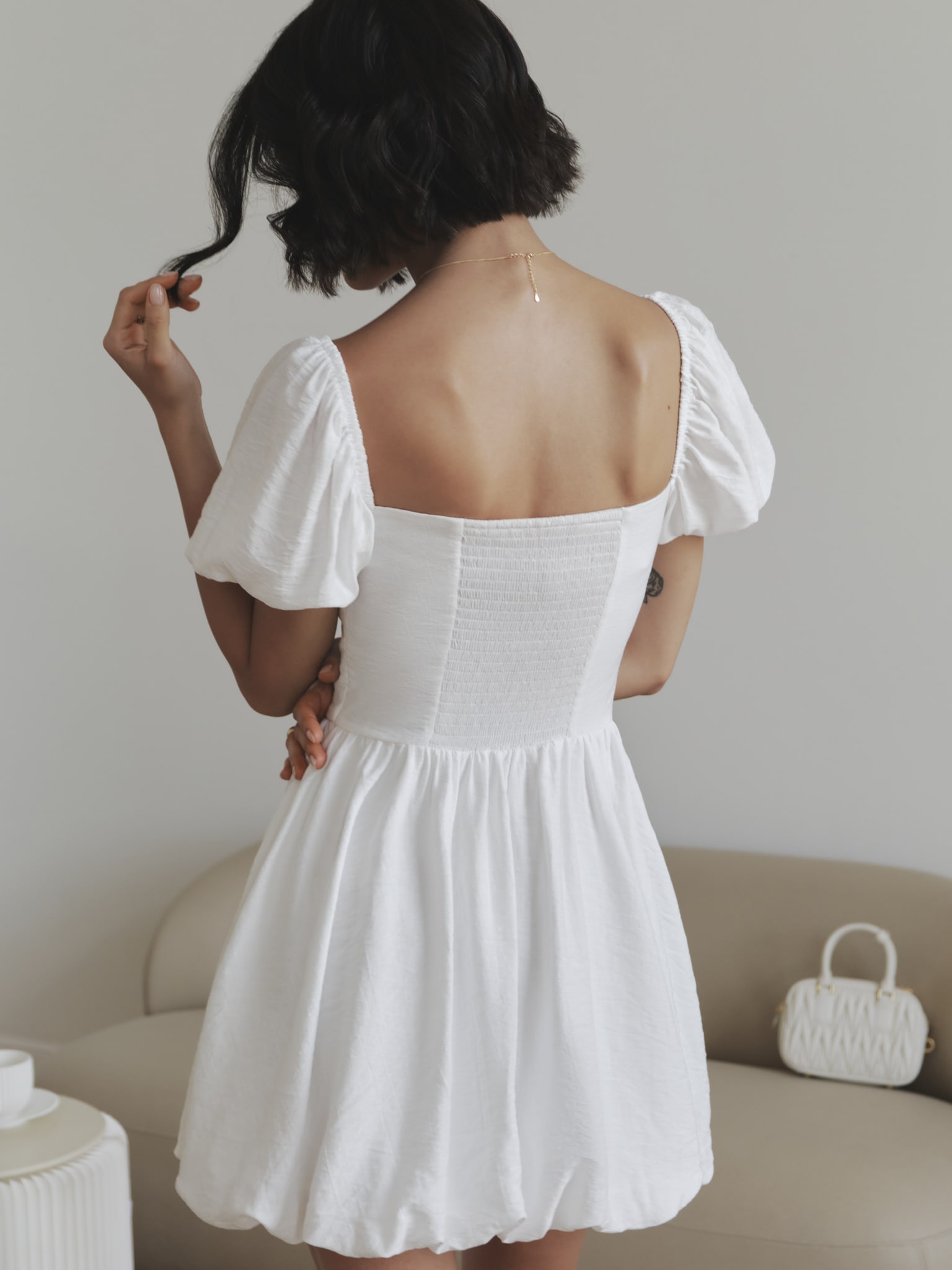 Mini dress with balloon skirt