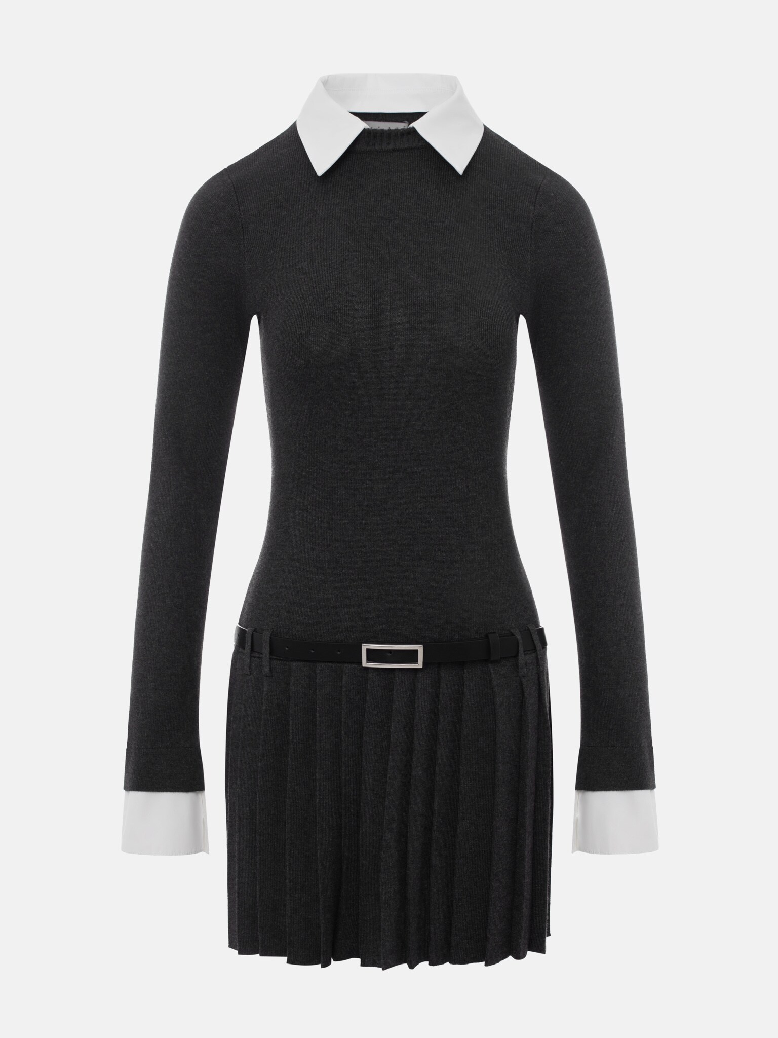 Minikleid aus Strick mit Kontrasteinsätzen und Eco-Ledergürtel