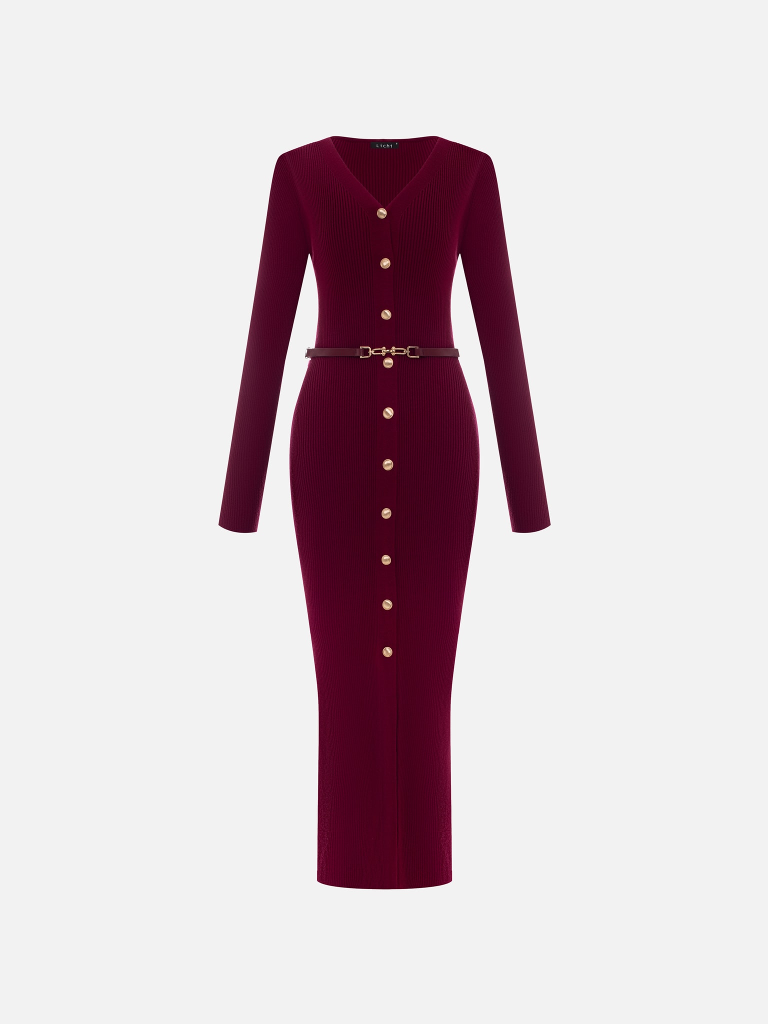 Трикотажное платье миди с ремнем и золотистым декором