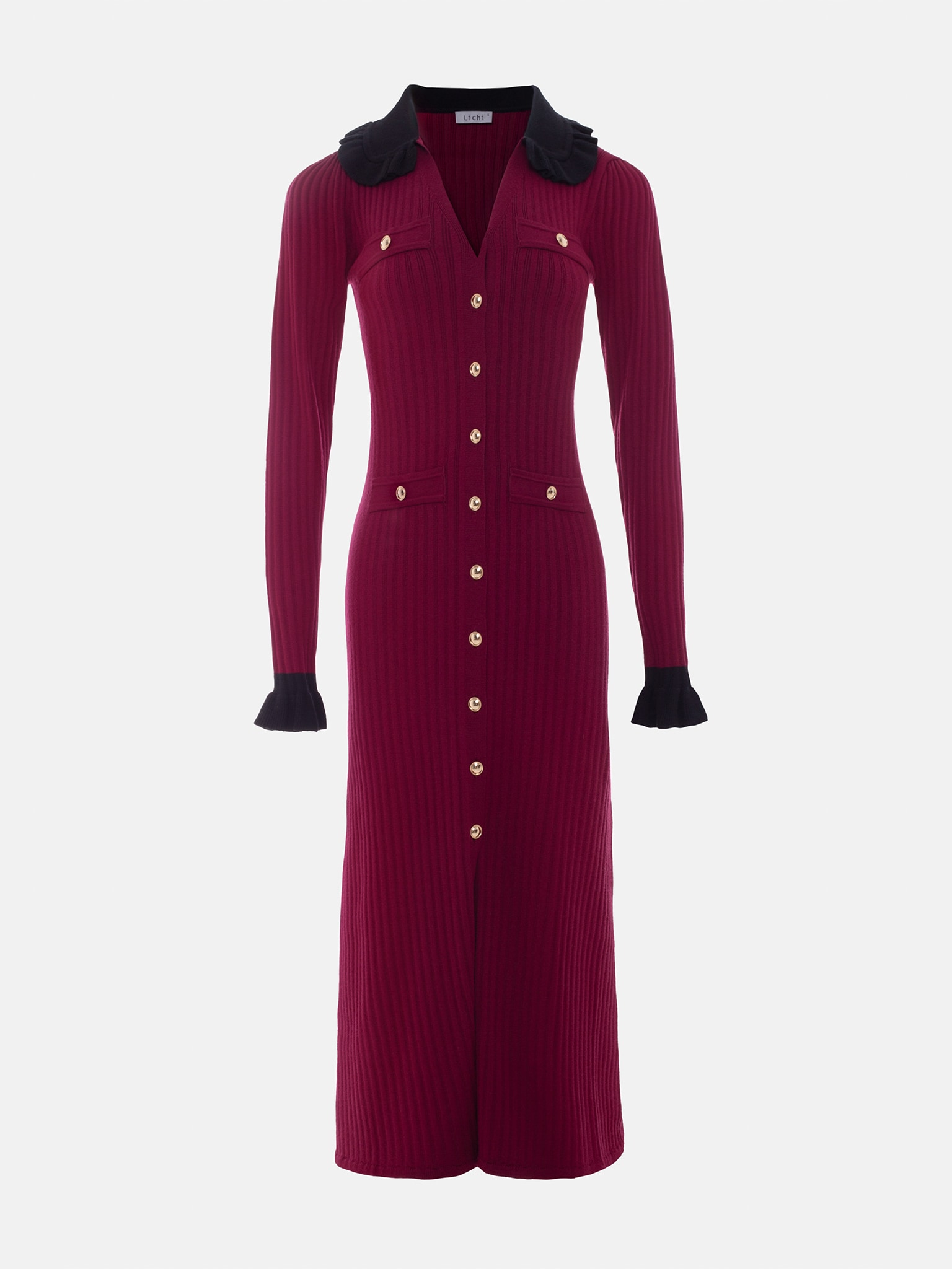 Трикотажное платье миди с контрастным воротником и манжетами