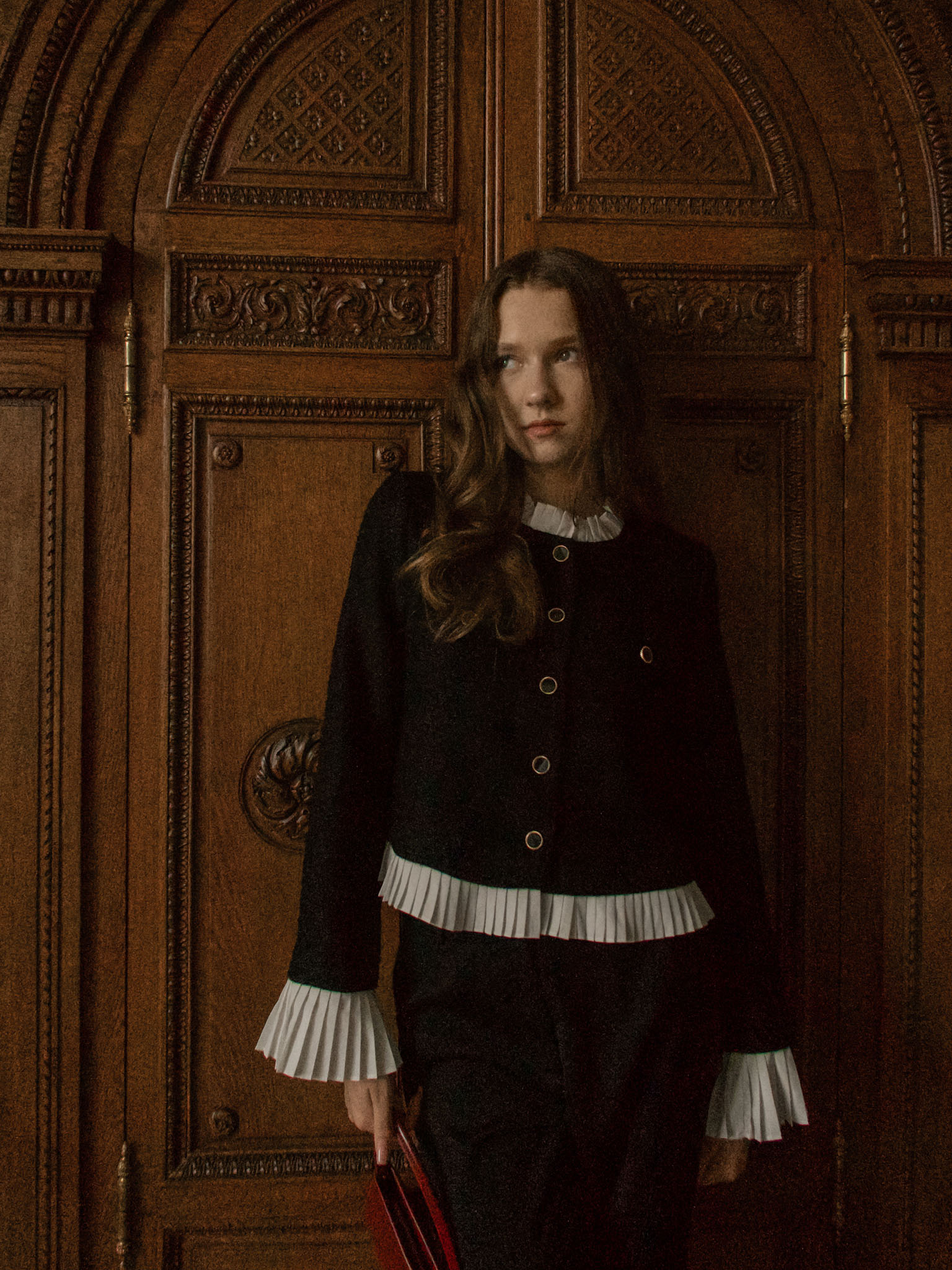 Veste droite en tweed avec détails plissés