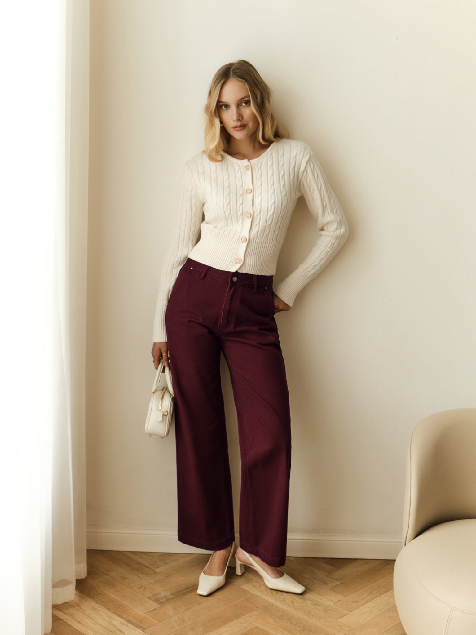 Cropped cable-knit cardigan