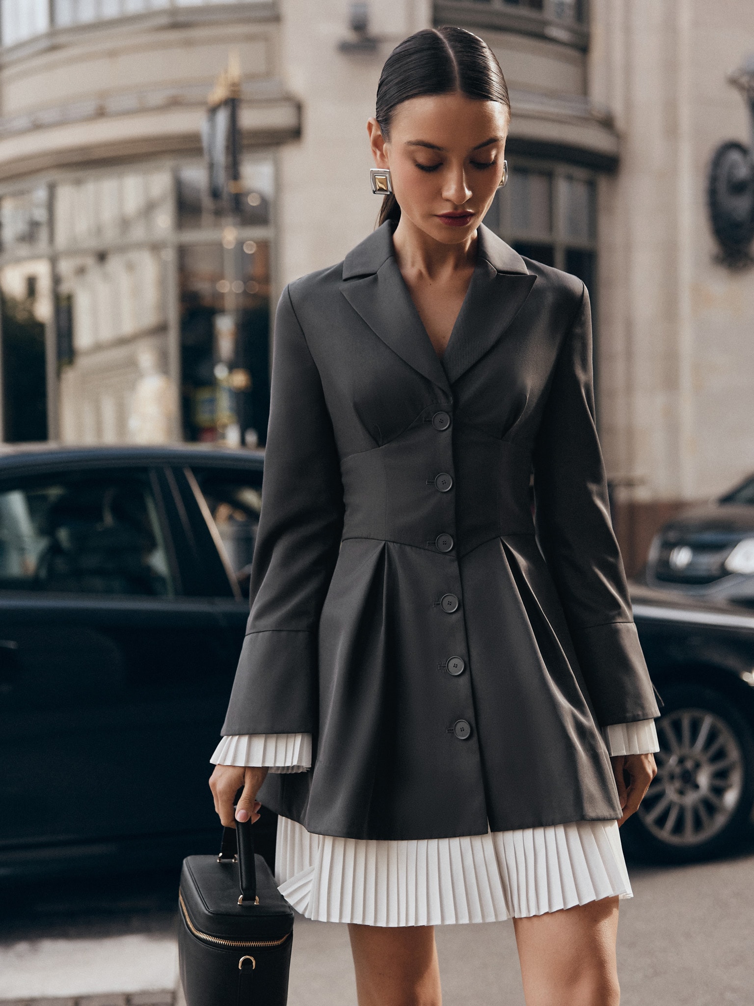 Outerwear Dress Mini Fitted Dress With Pleated Inserts :: LICHI