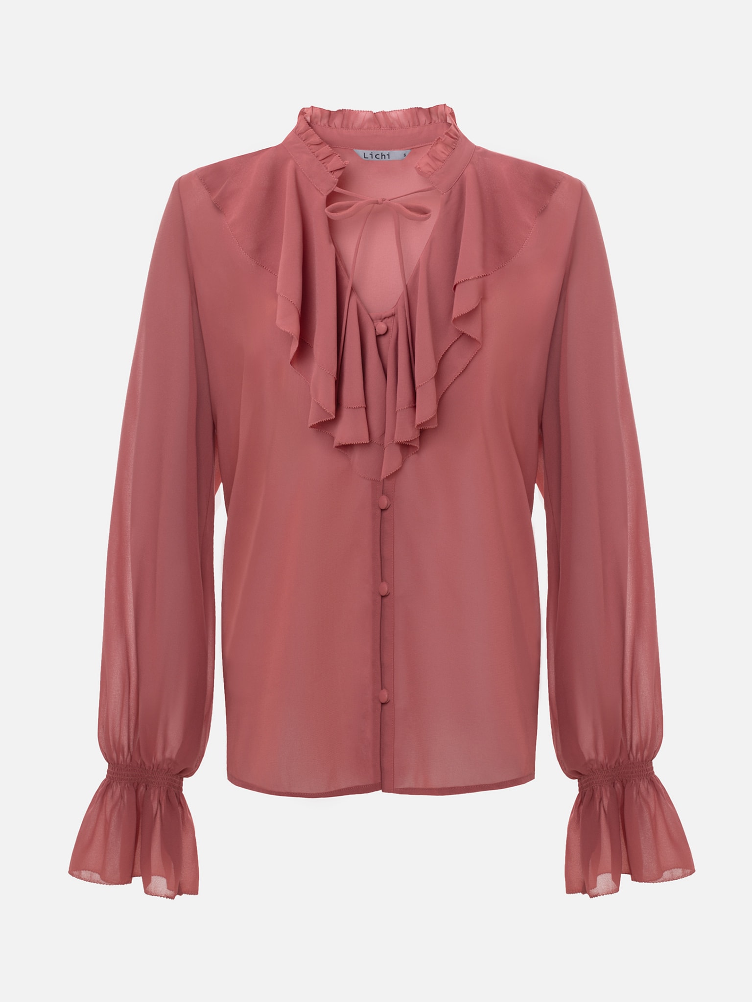 Lekka bluzka z falbanami i wiązaniem przy kołnierzu