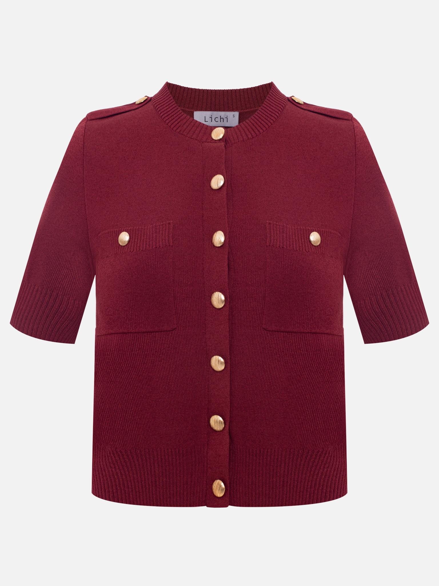 Short-sleeved knitted cardigan with golden fittings