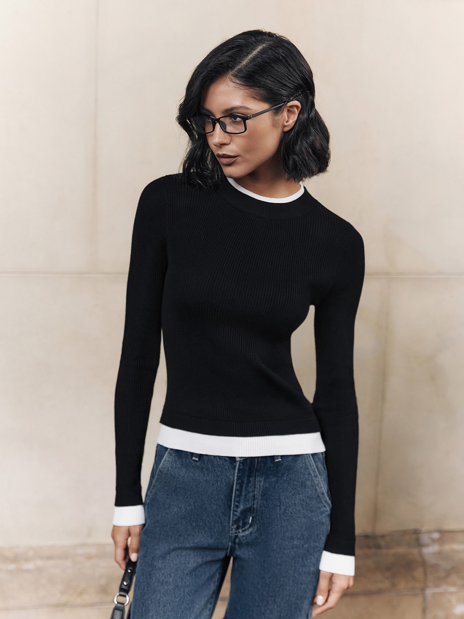 Rib-knit longsleeve with contrasting edges