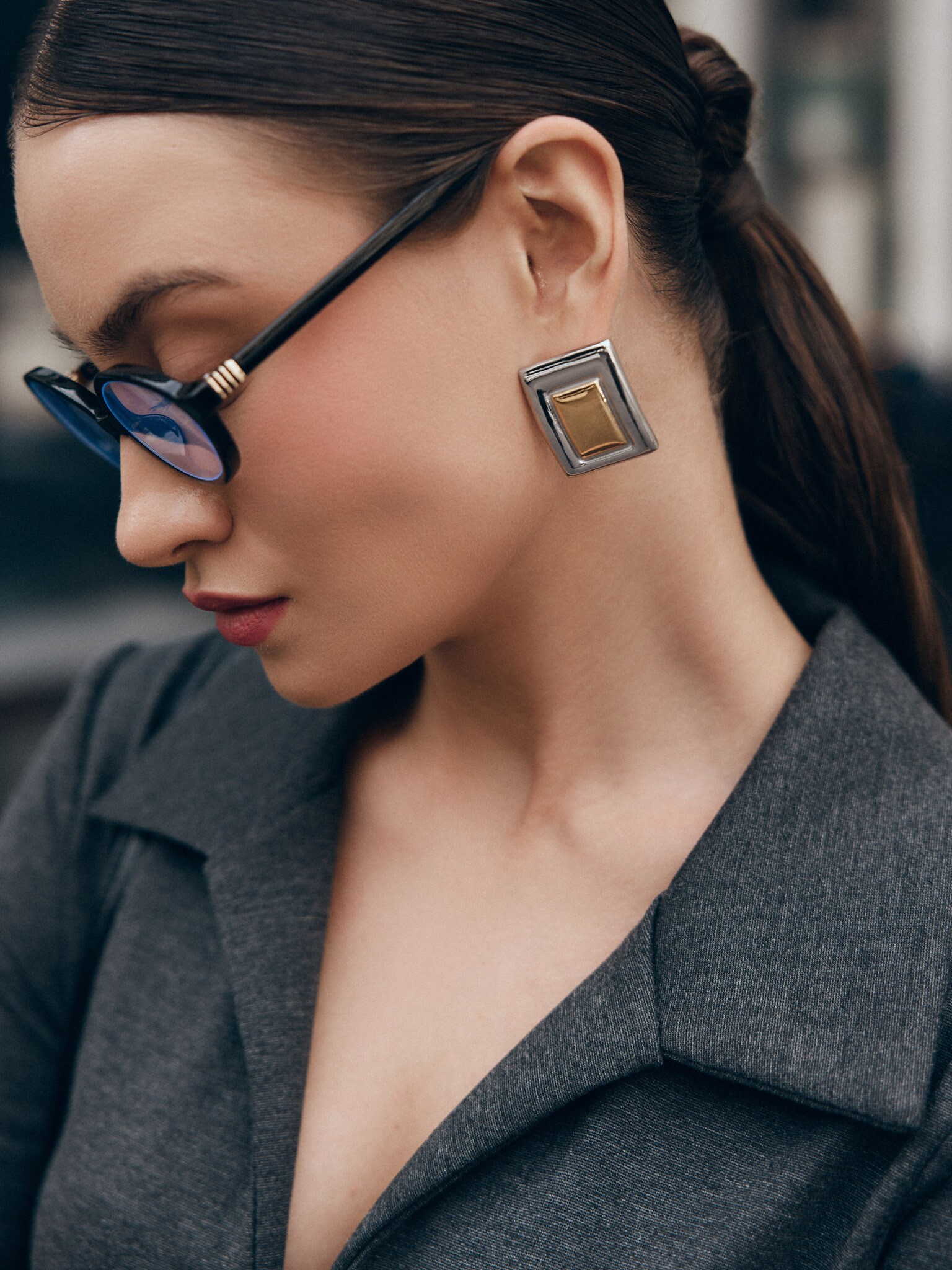 Rectangular stud earrings in two metals
