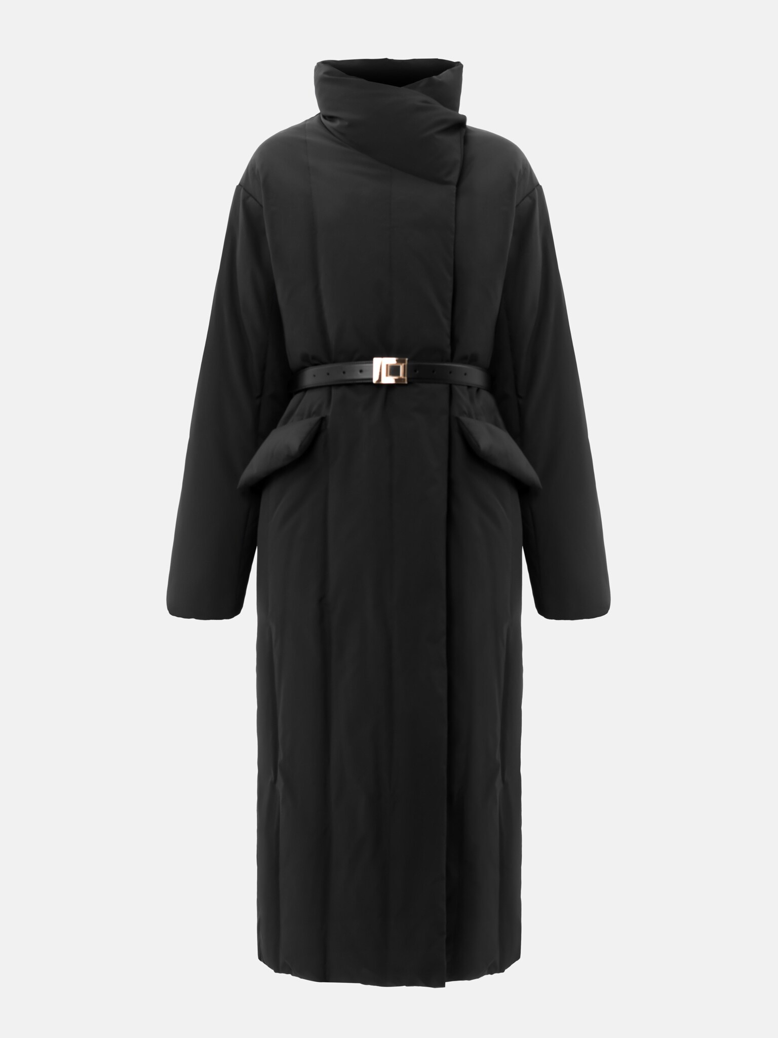 Пуховик макси с высоким воротником и ремнем из кожи