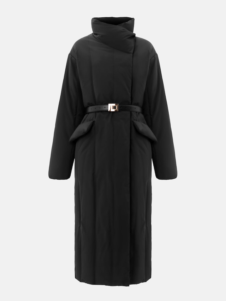 Down maxi jacket with high collar and leather belt